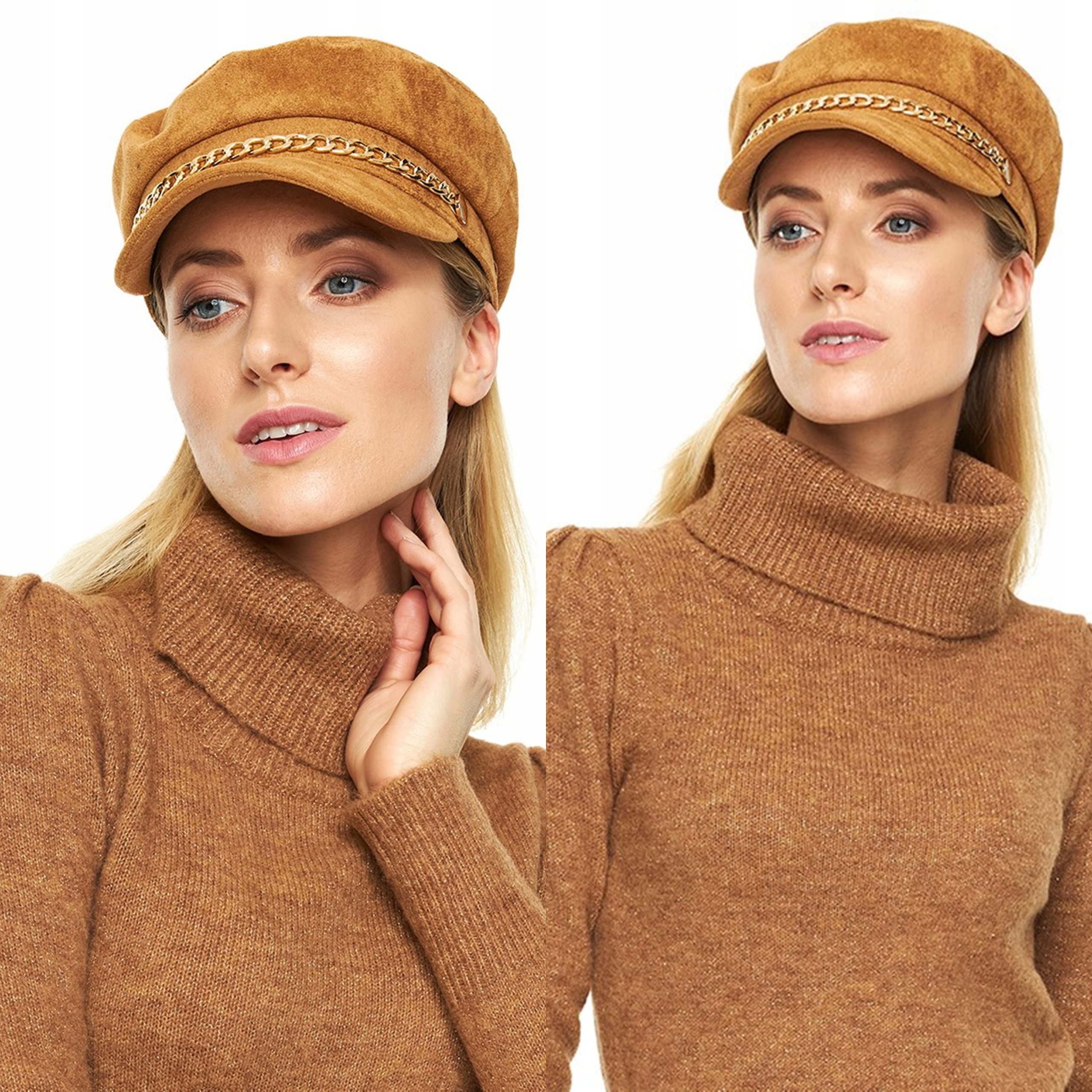 

Kaszkiet Beret Czapka złoty łańcuch zamsz camel