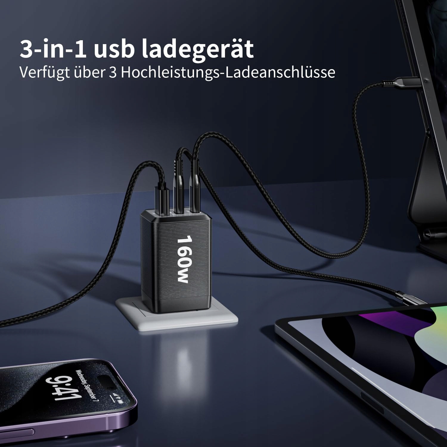 HSSNS 160W USB C Ladowarka 3-Port GaN Szybkie Ladowanie MacBook iPad iPhone — miniatura 3