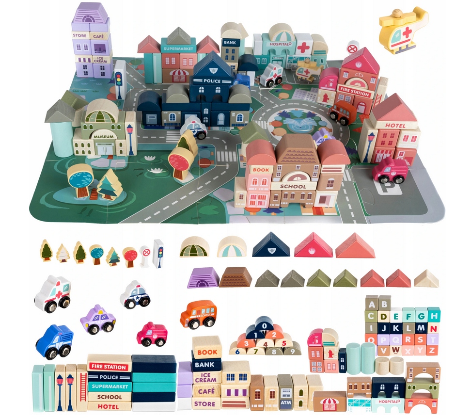 DREWNIANE KLOCKI MIASTO AUTA 115 KLOCKÓW + PUZZLE
