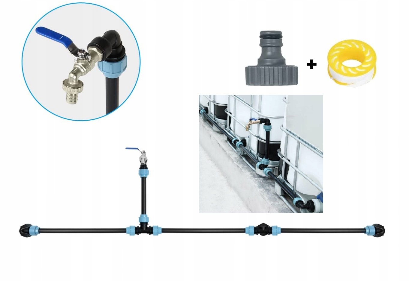 Łącznik Trzech Zbiorników 1000l Ibc Mauzer S60x6 3/4 Wąż Trójnik 25mm Kran