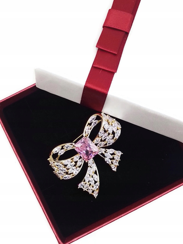 Luxusní Brož Mašle , Růžový Křišťál Zlato Dárek Krabička