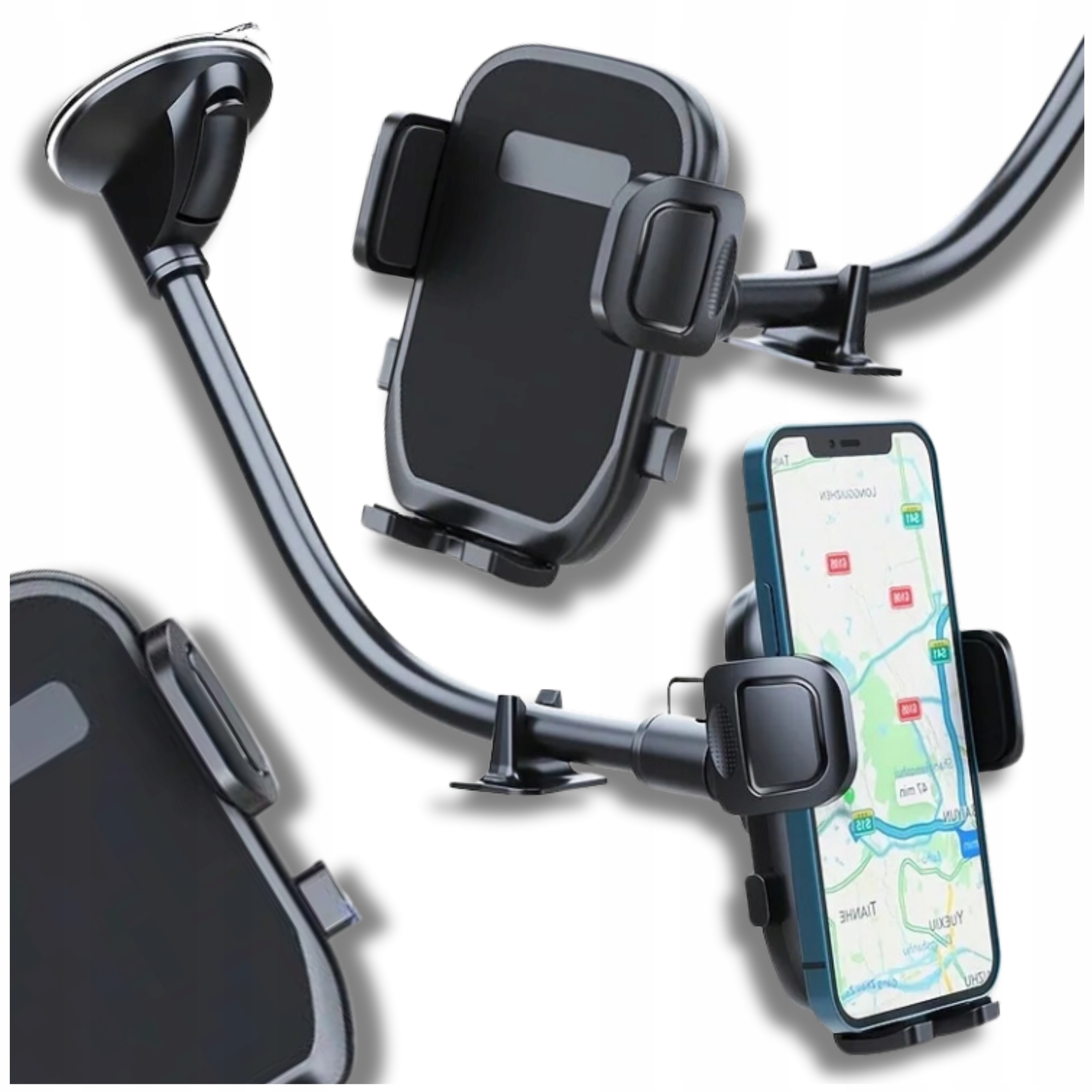 Uchwyt do samochodu długie ramię na telefon czarny długi elastyczny