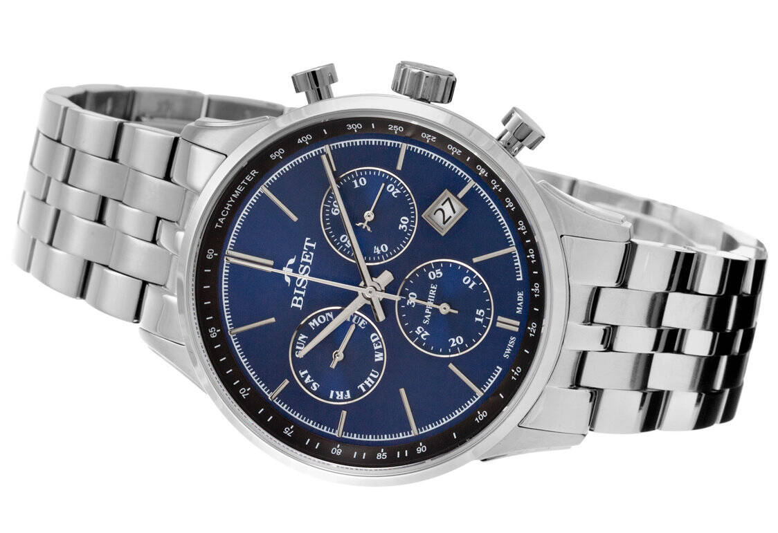 Elegantní Stříbrné Pánské Švýcarské Hodinky Bisset BSDF60 Chronograf