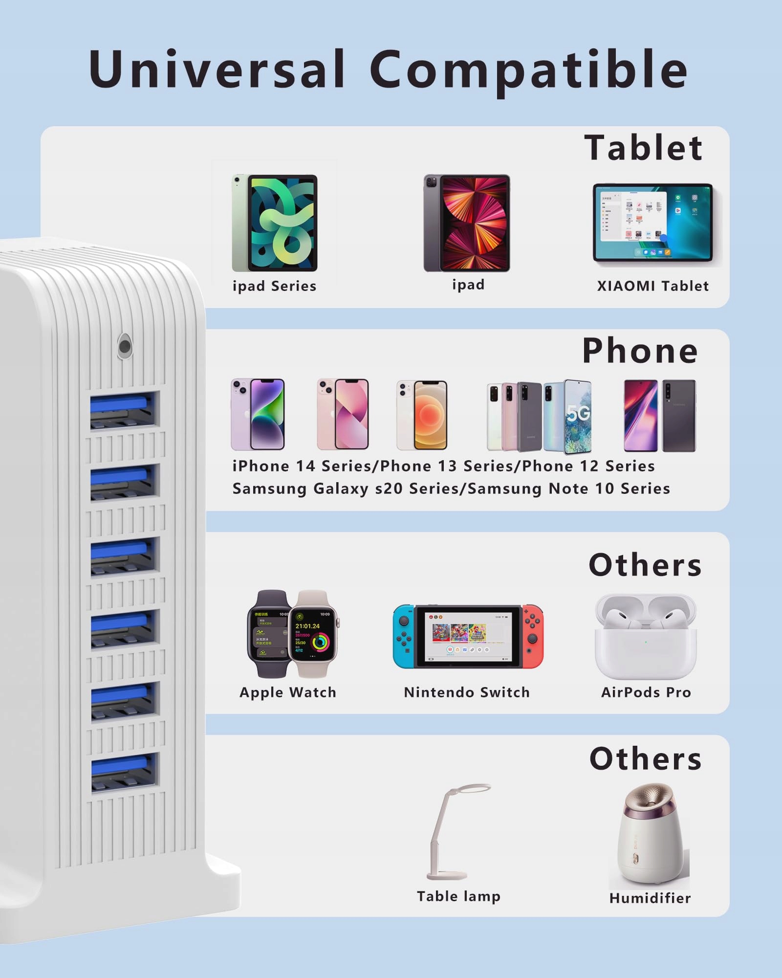 POANES Ładowarka USB 6 Portów Stacja Ładowania iPhone Android — miniatura 3