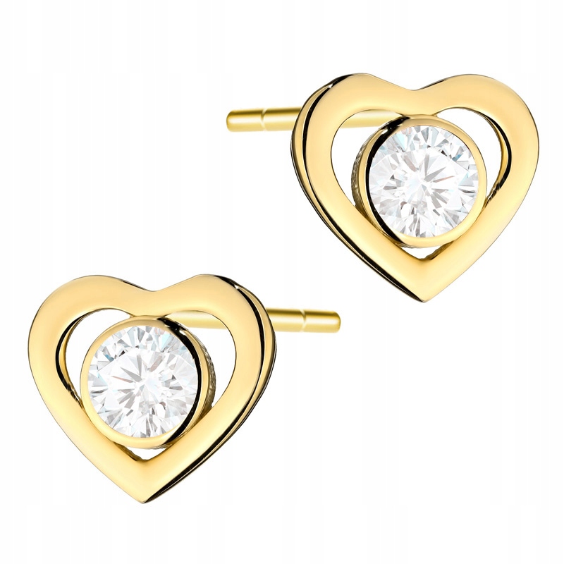 Krásné Zlaté Náušnice pr. 585 Srdce s bílou zirkonií uprostřed 14k