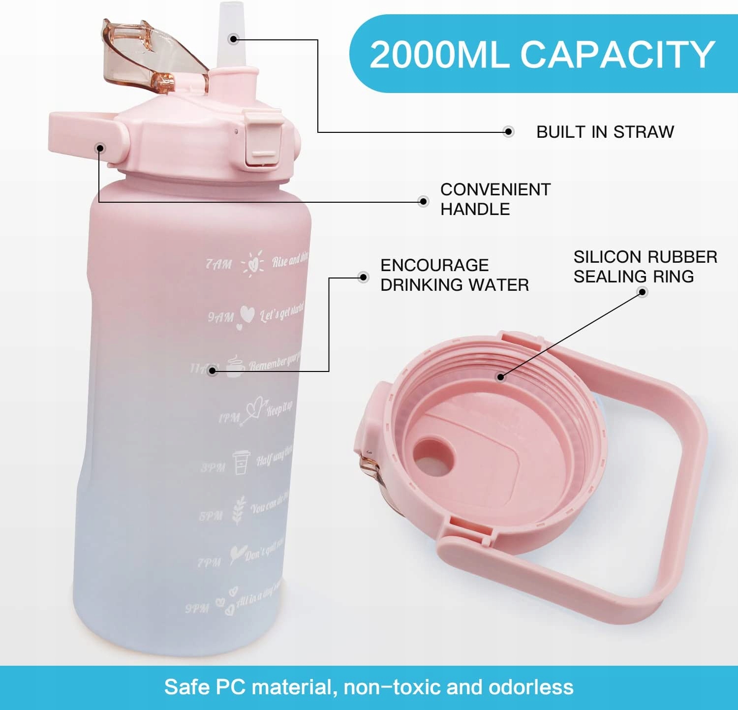Sportowy bidon na wodę ze słomką 2l Pojemność 2000 ml