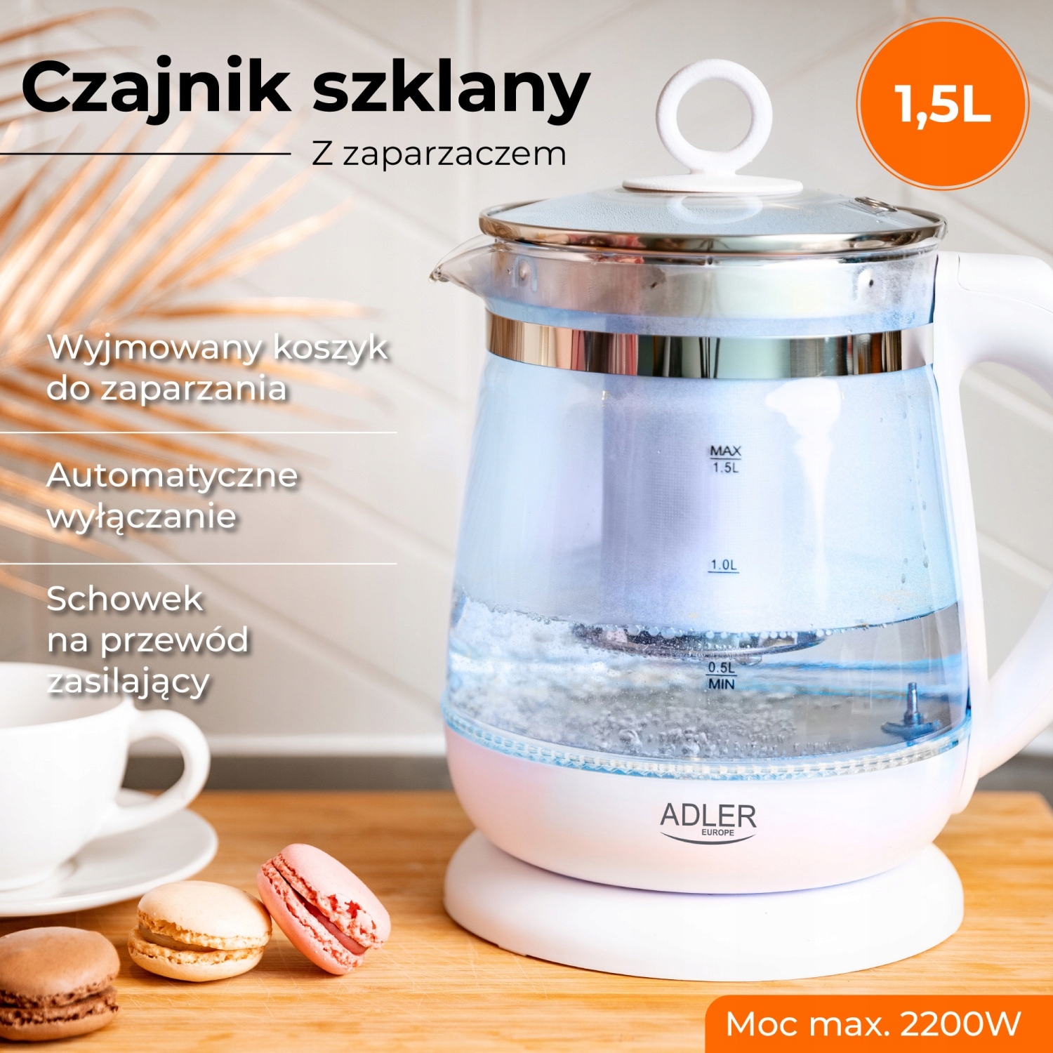 Szklany Czajnik 1,5 L z Zaparzaczem i Regulacją Temperatury AD 1299 White
