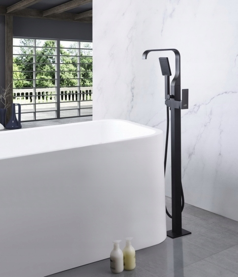 Volně Stojící Podlahová Vanová Baterie Černá Matná