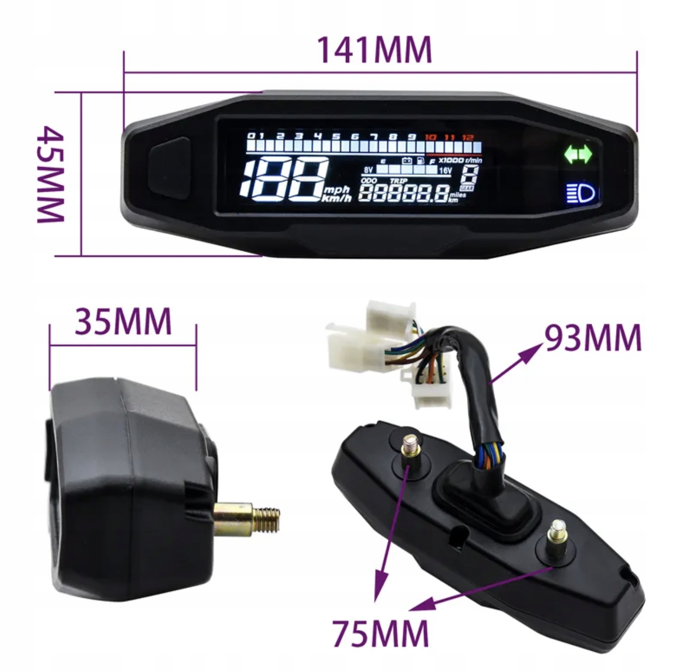 PRĘDKOŚCIOMIERZ DO MOTORA MOTOCYKLOWY LCD MINI Waga produktu z opakowaniem jednostkowym 0.4 kg