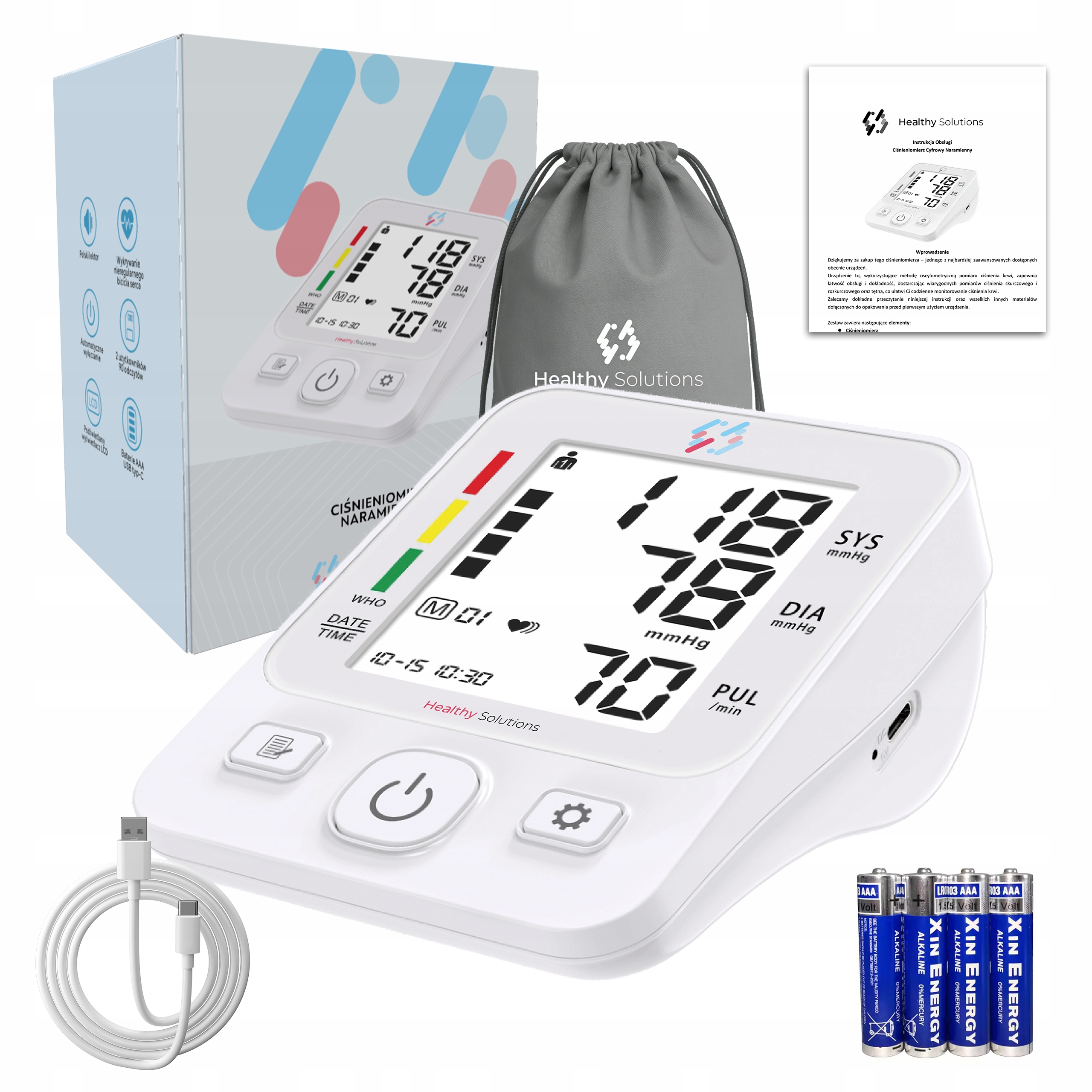 CIŚNIENIOMIERZ NARAMIENNY, MÓWI PO POLSKU, ETUI, ARYTMIA, PODŚWIETLANY LCD