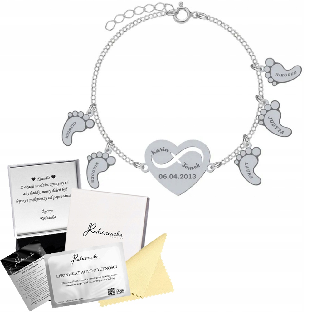 Stříbrný náramek Srdce s gravírováním Nožičky pro maminku Jméno dítěte 925