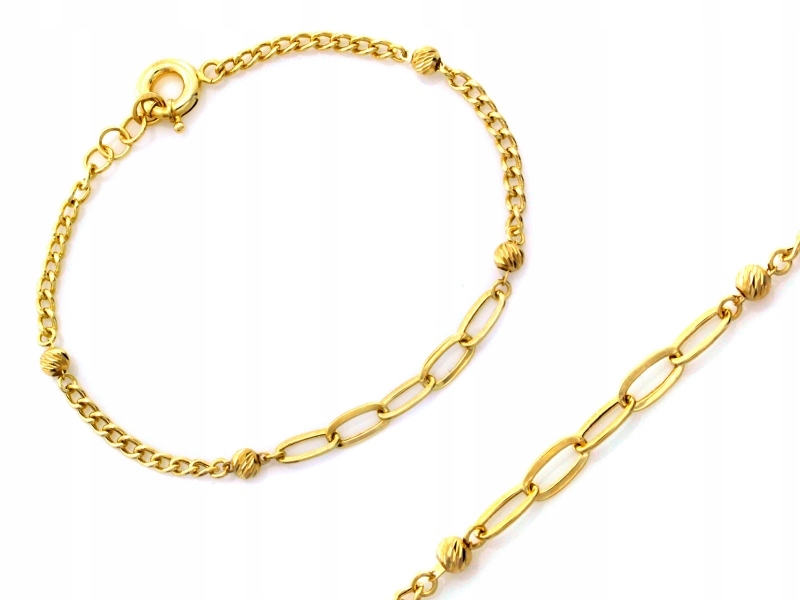 Zlatý 585 řetízkový náramek s velkými a malými články, zdobený kuličkami 14 kt