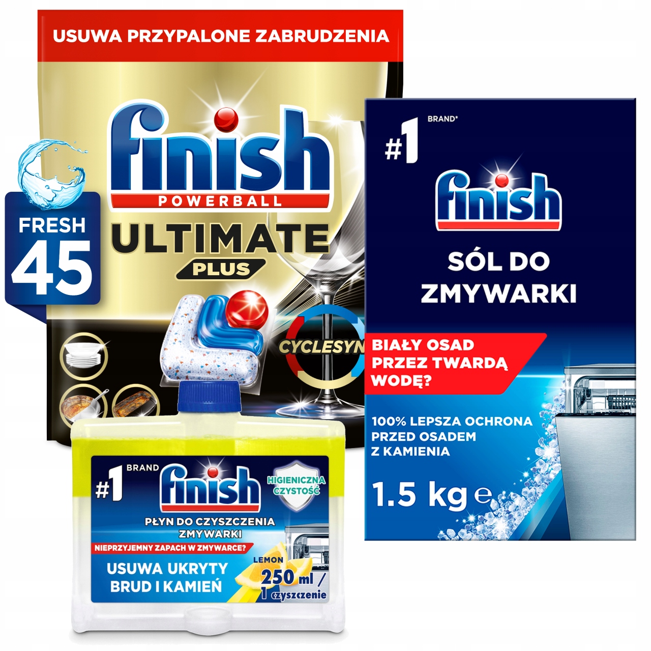 Levně Finish Sada na mytí nádobí Kapsle 45 Kusů, Sůl 1.5 kg, Čistič citronů 250 ml