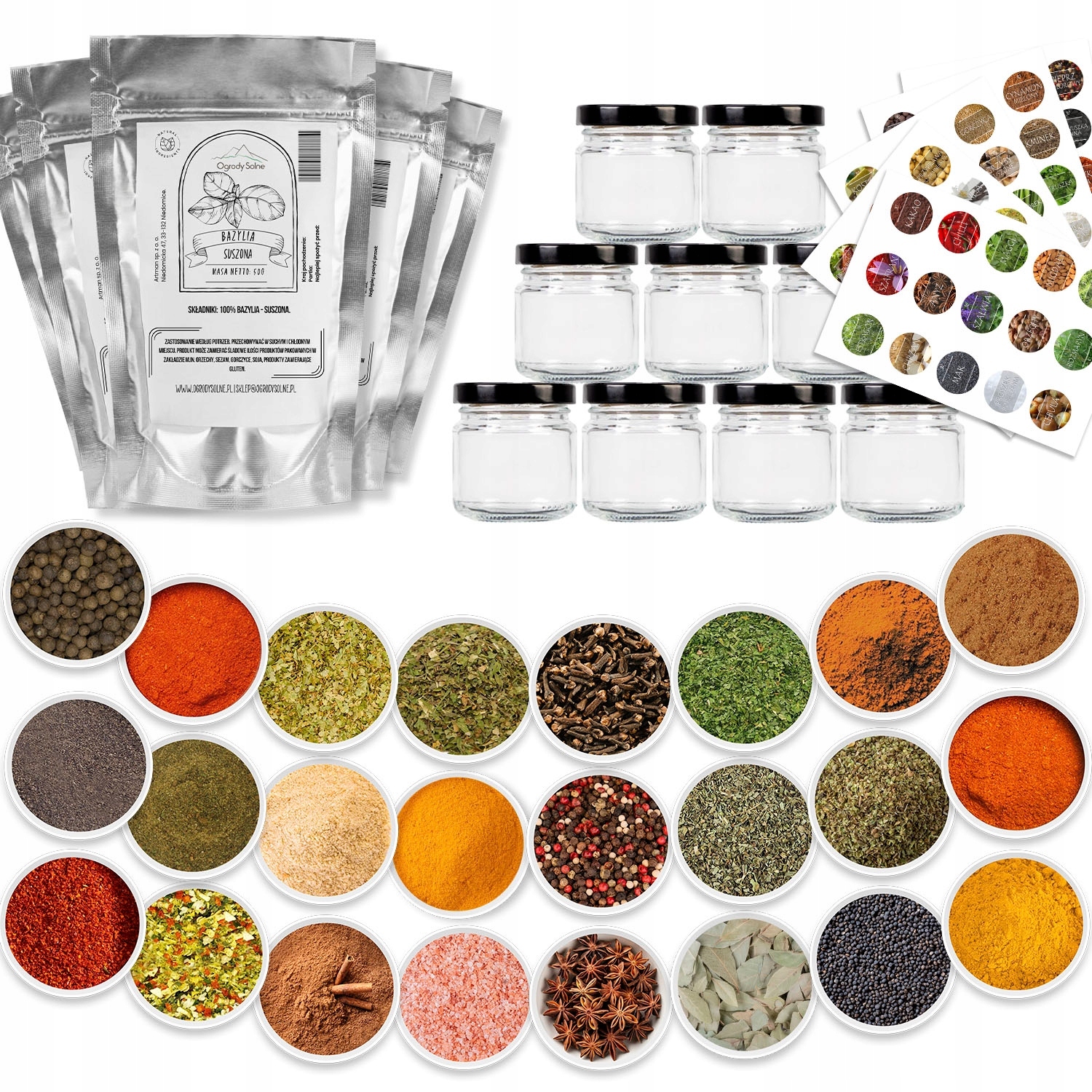 Set 24 x Sklenené Dózy na korenie 100 ml Korenie, bylinky, Etikety, organizácia