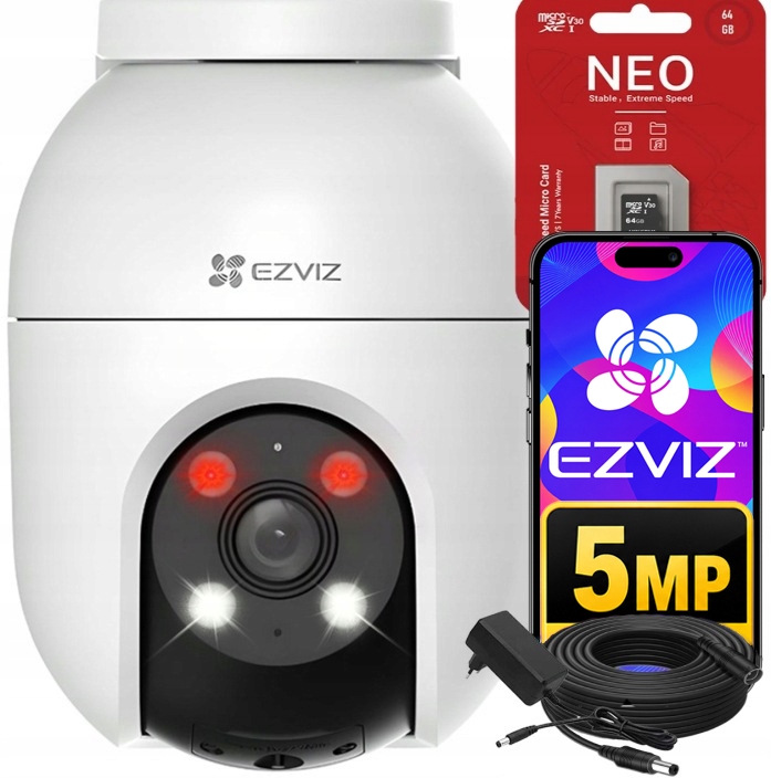 Kamera WiFi Obrotowa 5Mpx Ezviz C8C Zewnętrzna Audio Karta 64Gb kabel 10m