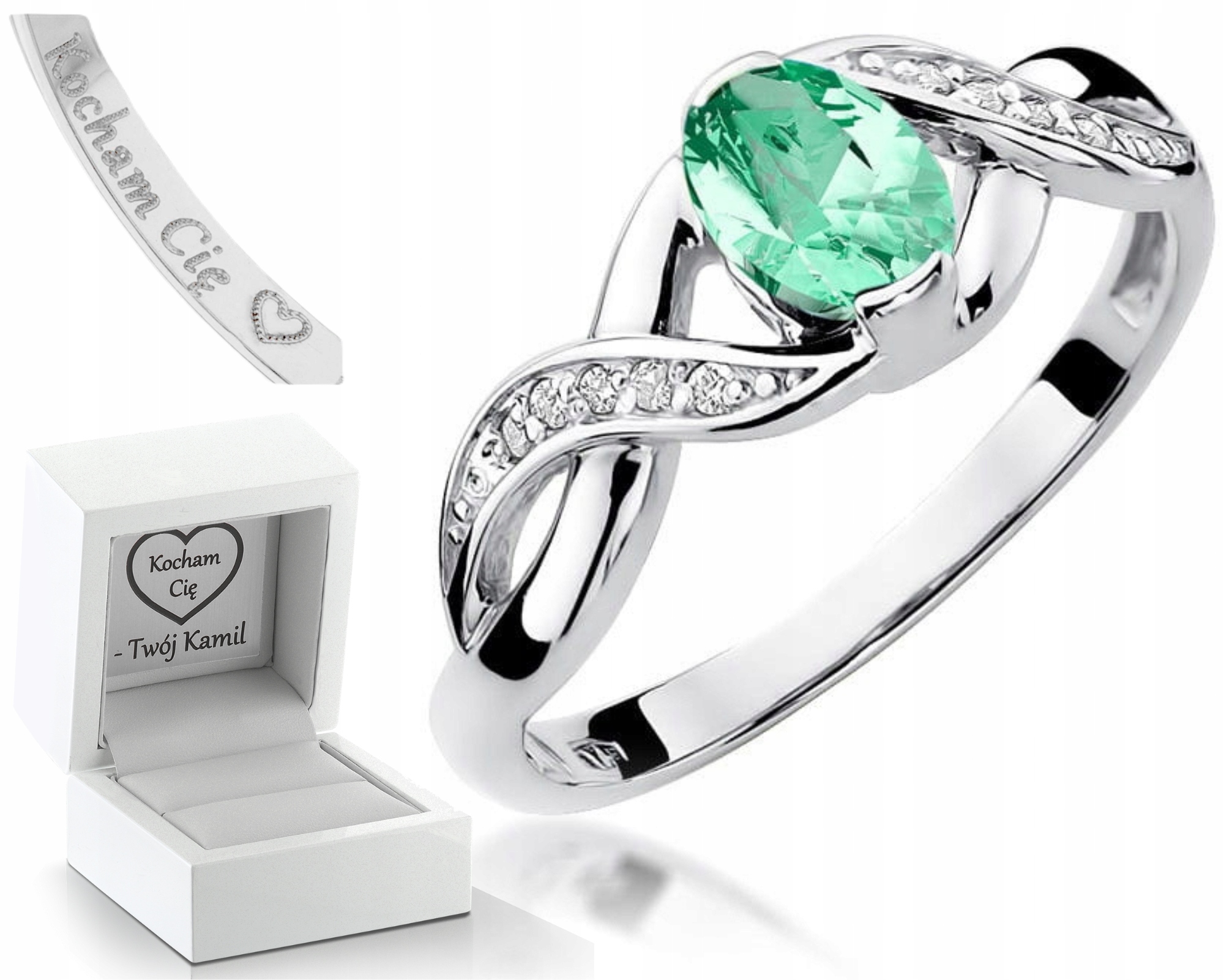 Prstýnek Bílé Zlato Se Smaragdem 0,585 Gravírování