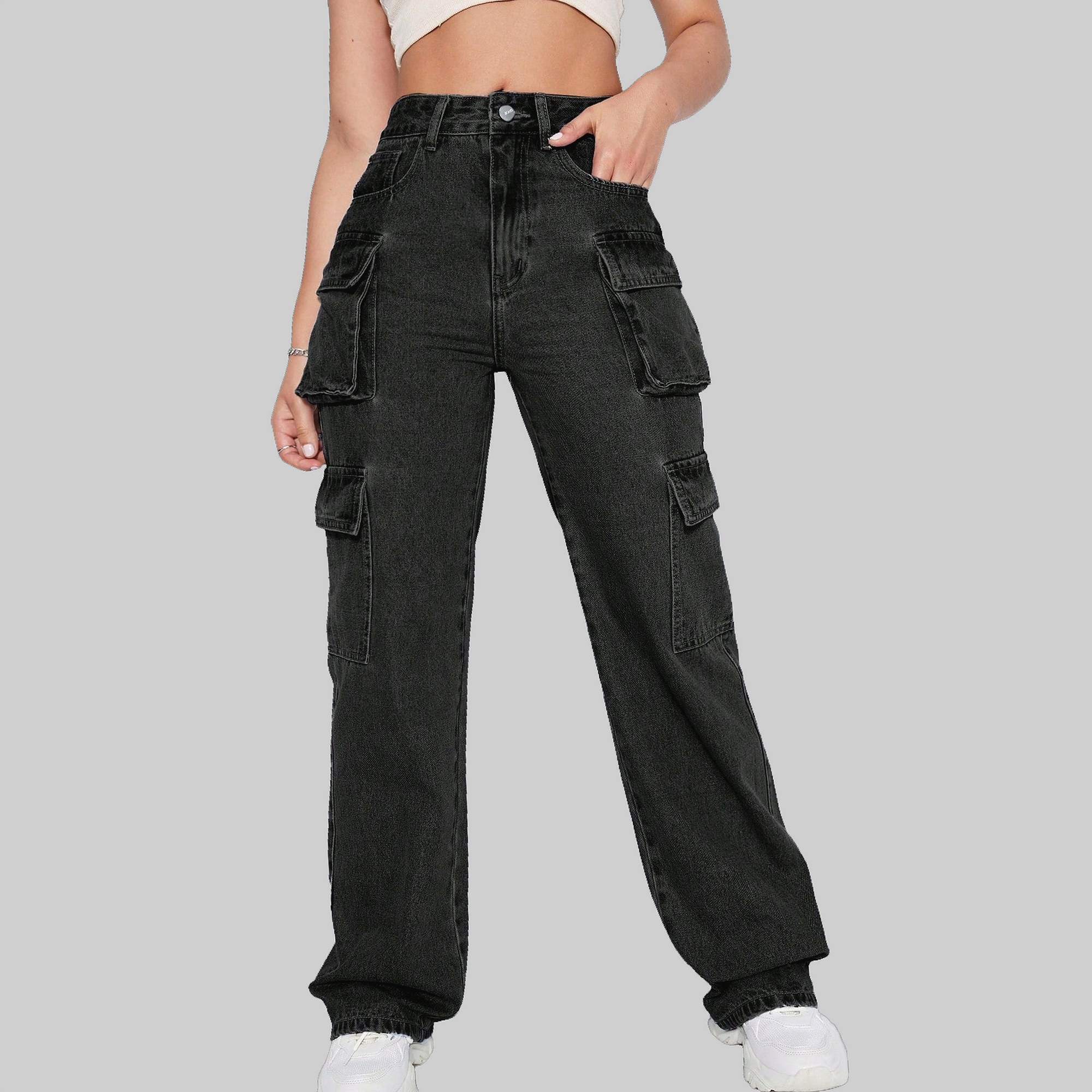Džíny Kapsáče Cargo s vysokým pasem černé Casual Shein Xxs 32