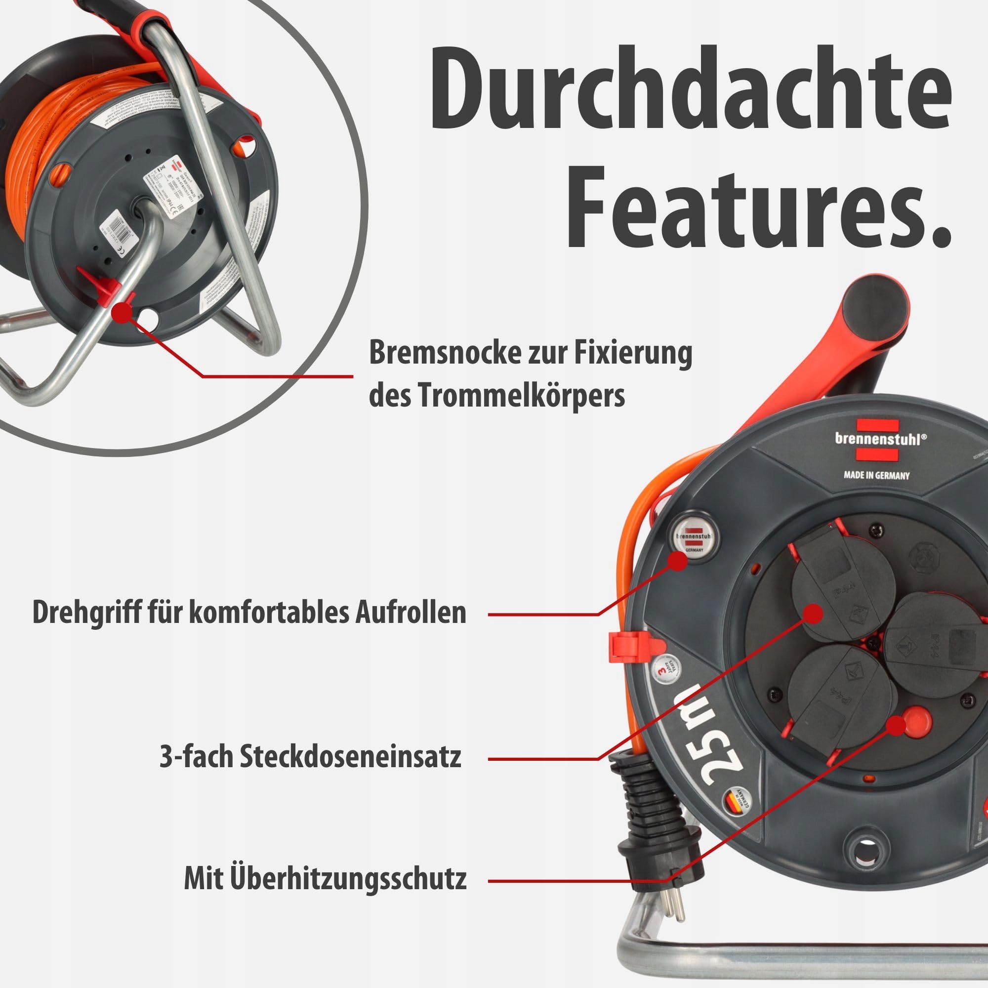 BRENNENSTUHL Garant V2 Kabeltrommel 25m IP44 3 Gniazda Ochrona Przegrzaniem — miniatura 3