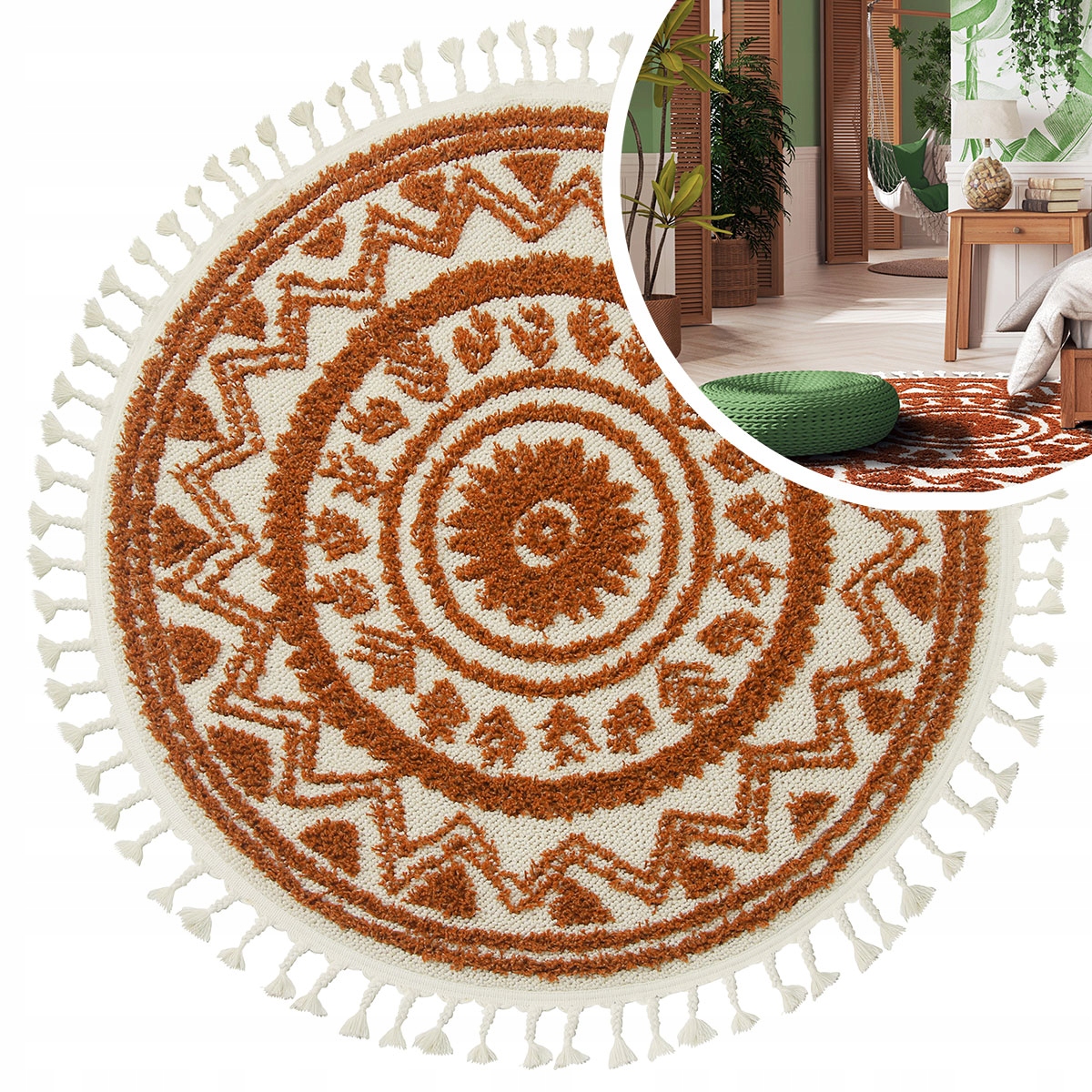 Tlustý Koberec Boho S Třásněmi Kulatý Rudý 120x120