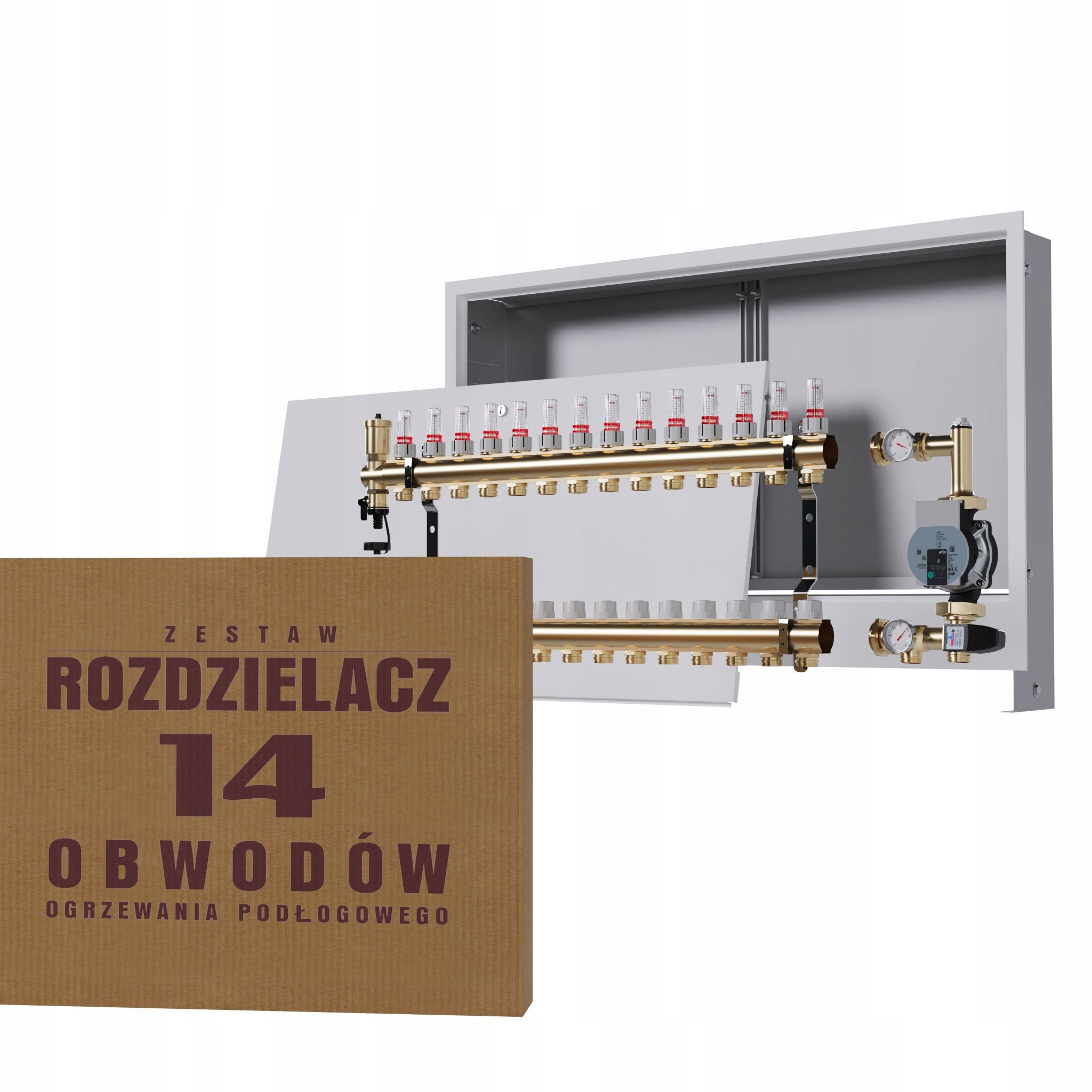 Rozdělovač pro podlahu 14 okruhů se skupinou Wilo podomítková skříňka