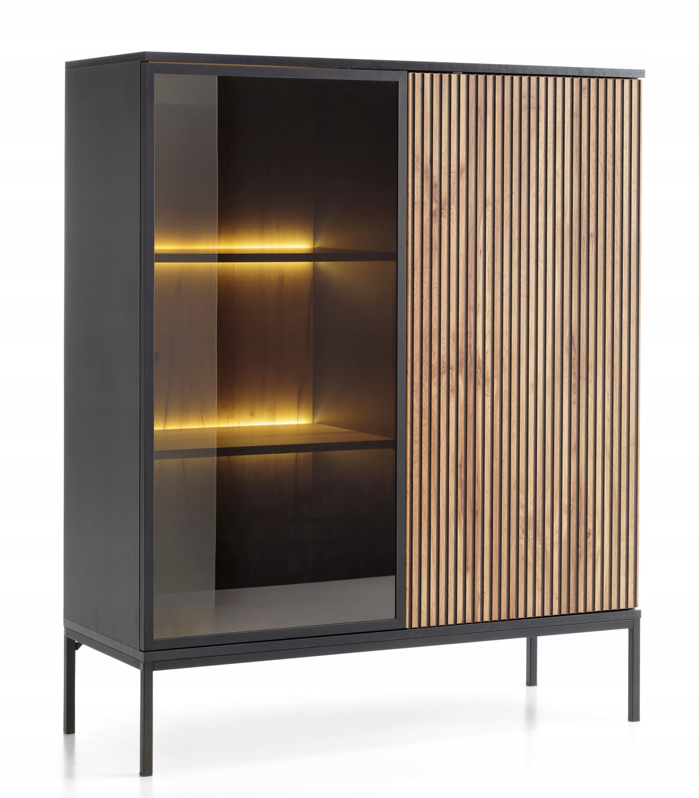 Witryna Tosena dwudrzwiowa z oświetleniem Led 104 cm Czarny/Dąb wotan