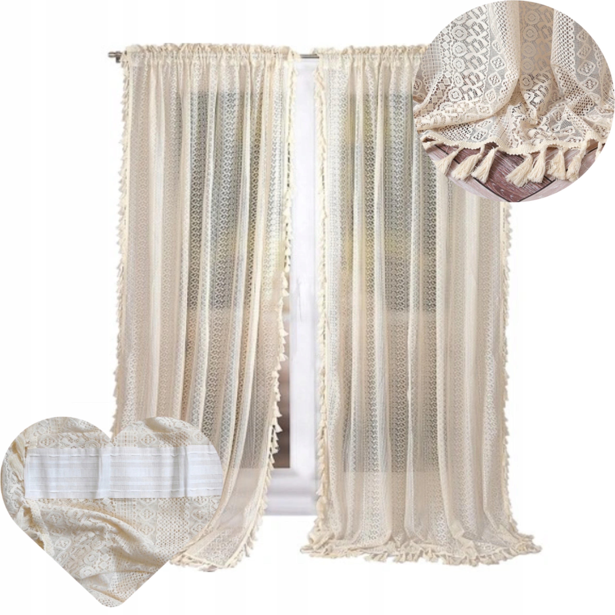 Stylový Závěs Boho Krajkový 145x250 na Pásce Lehký Jemný LG241