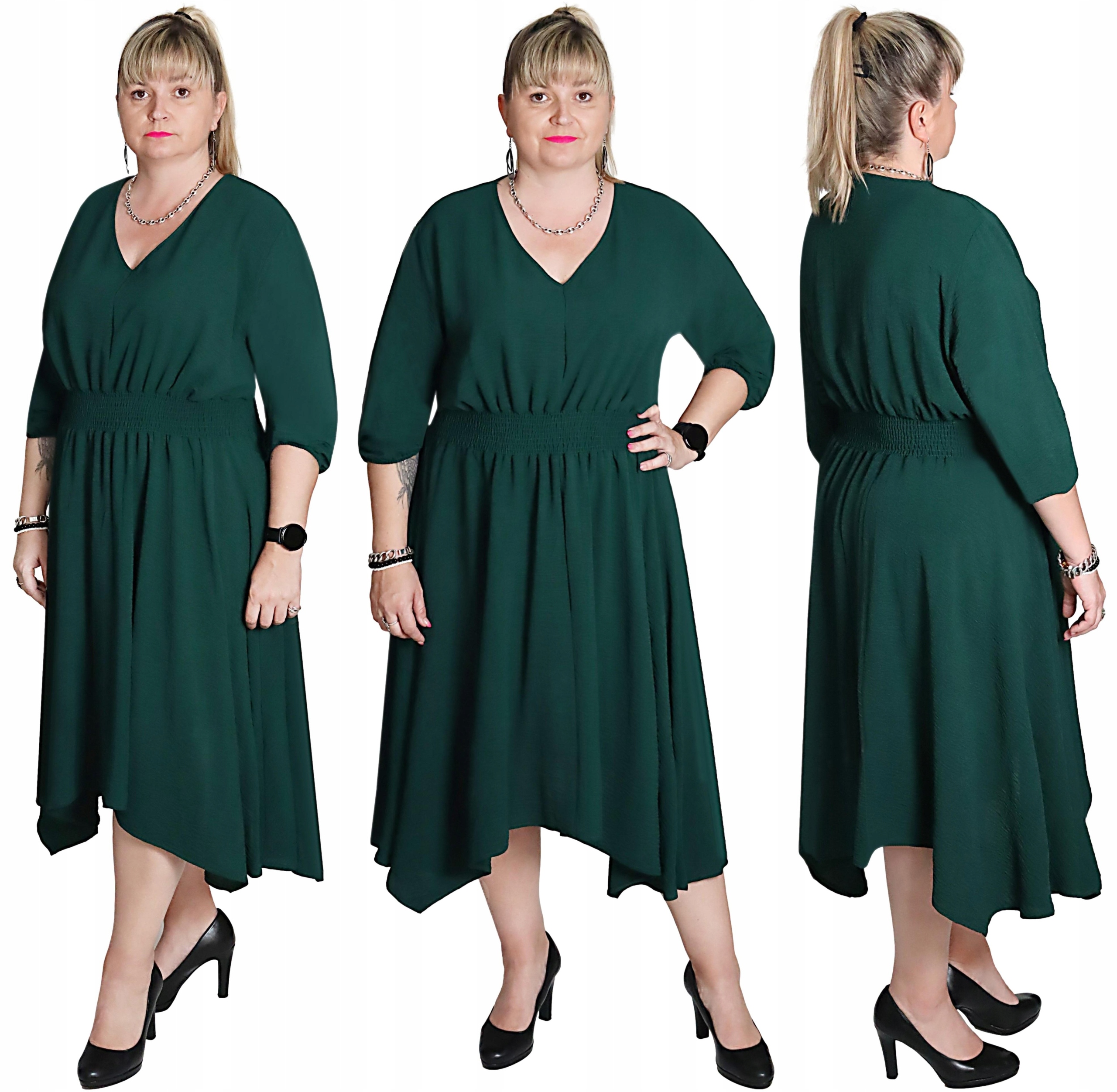 Elegantní Šaty S Prodlouženými Boky, Lahvová barva Zeleň vel 52