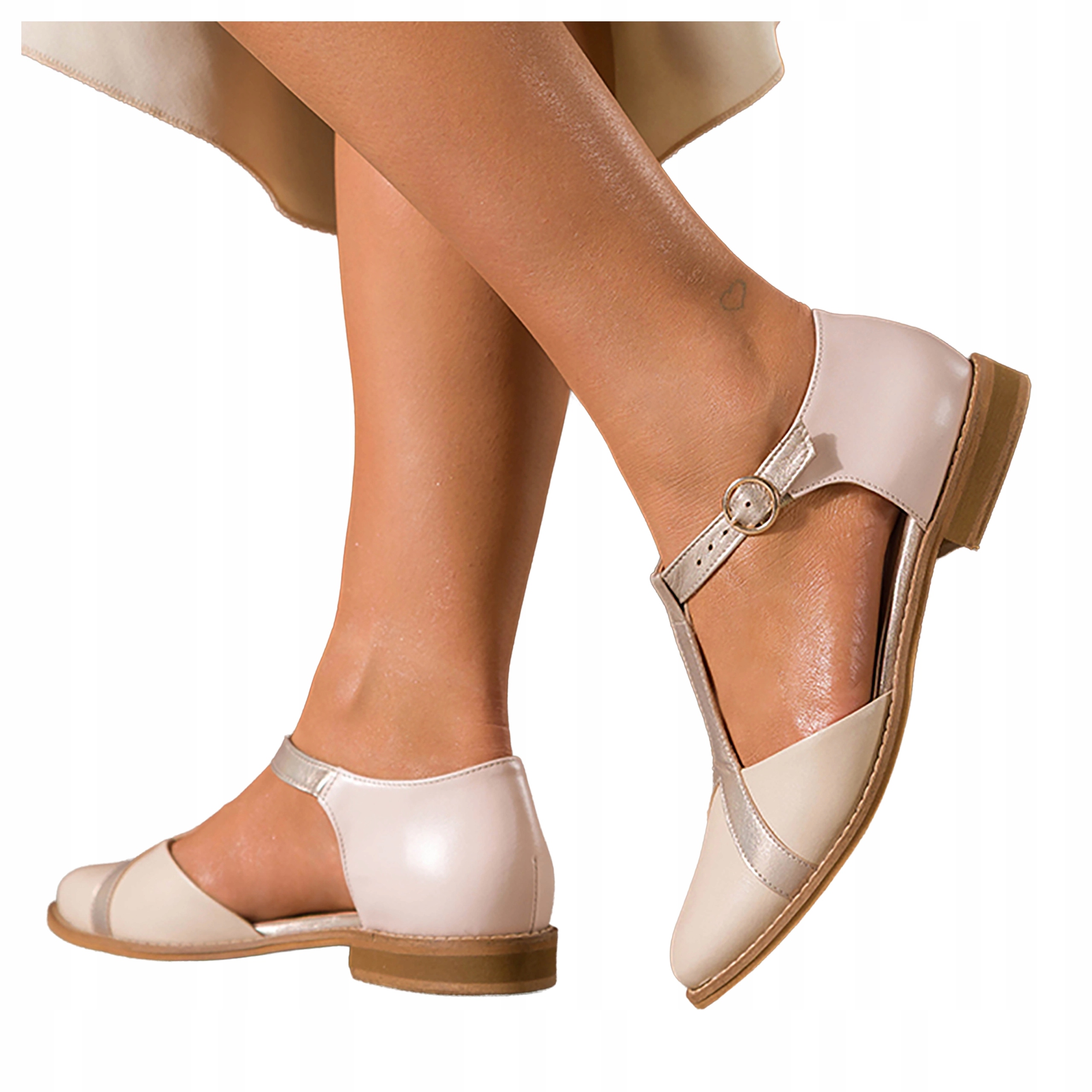 Jasnobeżowe Półbuty Damskie Modne T-bar Złote Wstawki Skórzane r 37