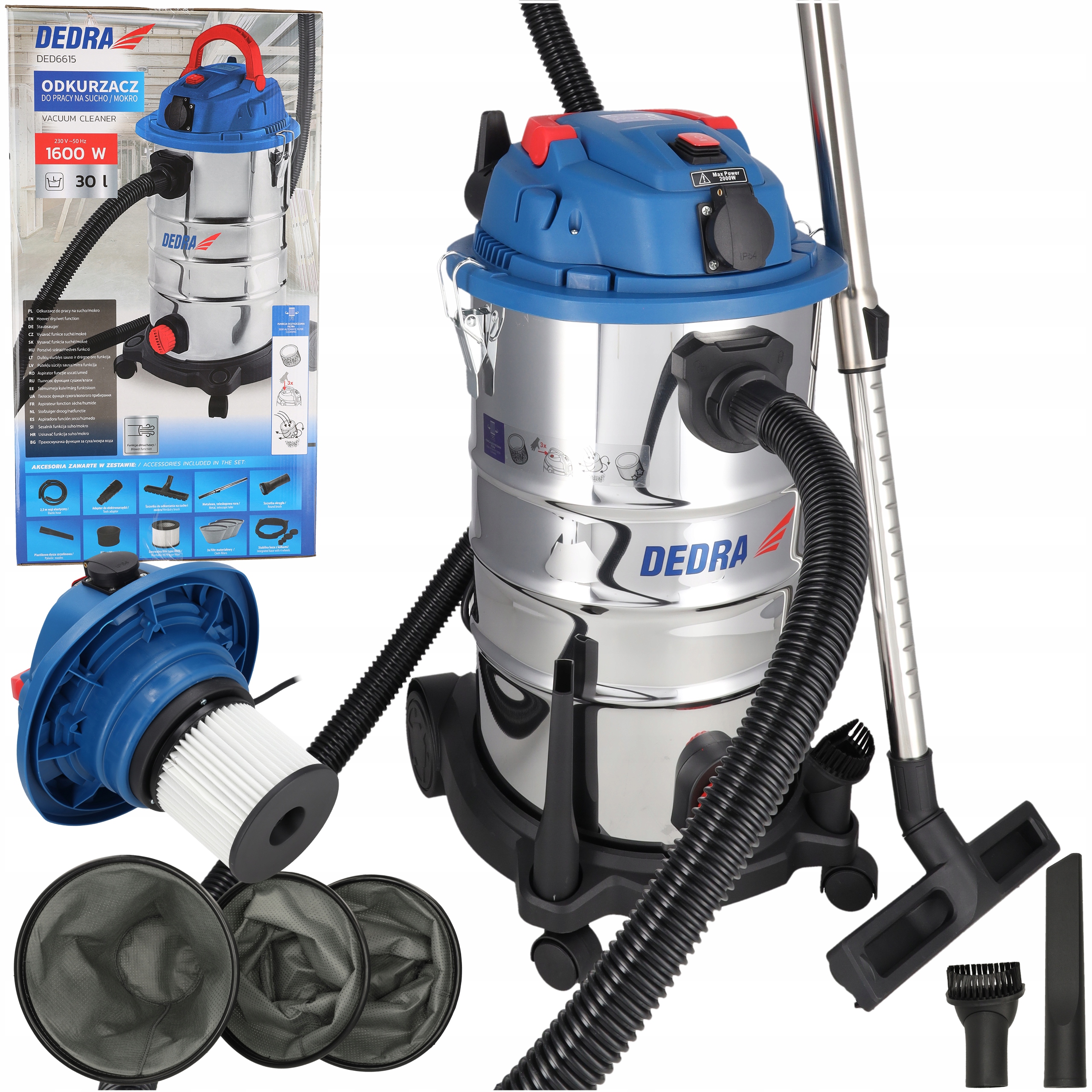 Bezworkowy odkurzacz Dedra Otrząsacz Sucho Mokro Dmuchawa 1600W 30L Gniazdo