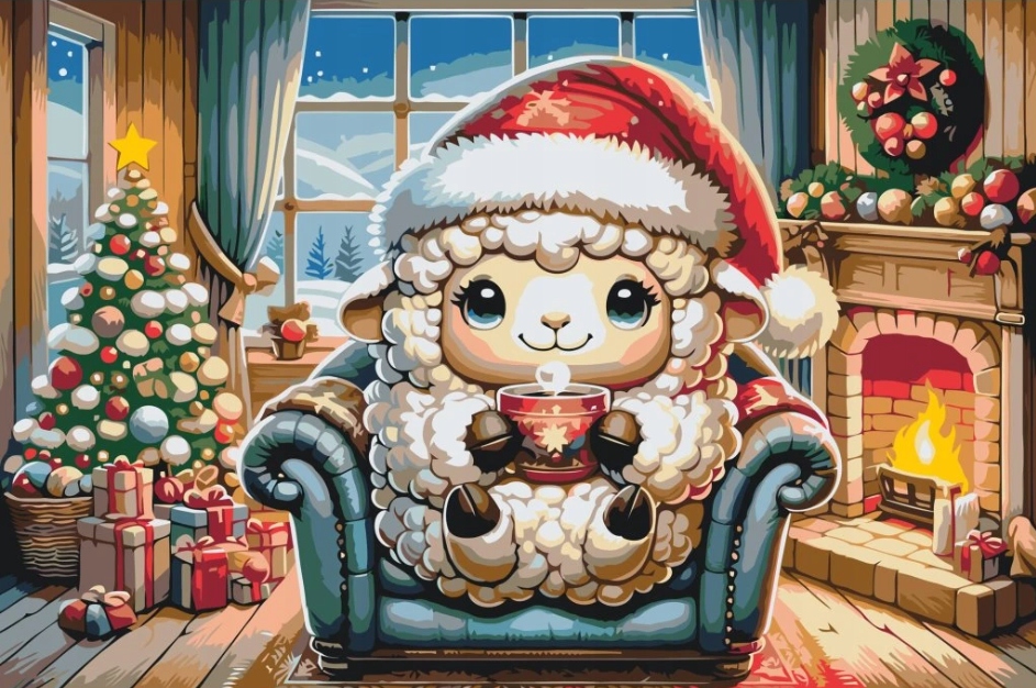 Diamantová výšivka Beran Čokoláda Sníh Zima Vánoce 40x60 cm