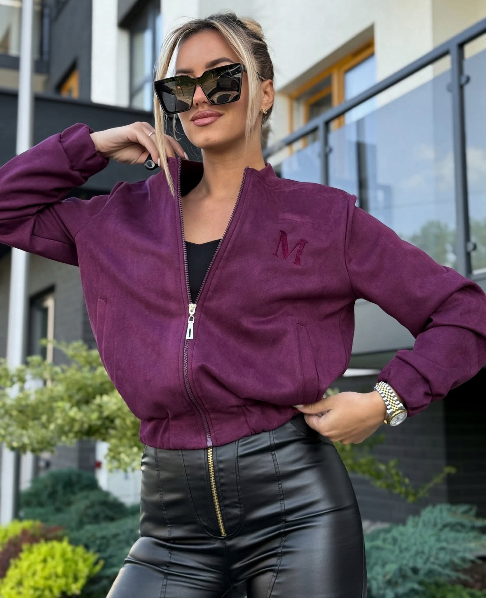 Módní Bomber dámská semišová bunda Burgund/Švestka Krátká velikost L