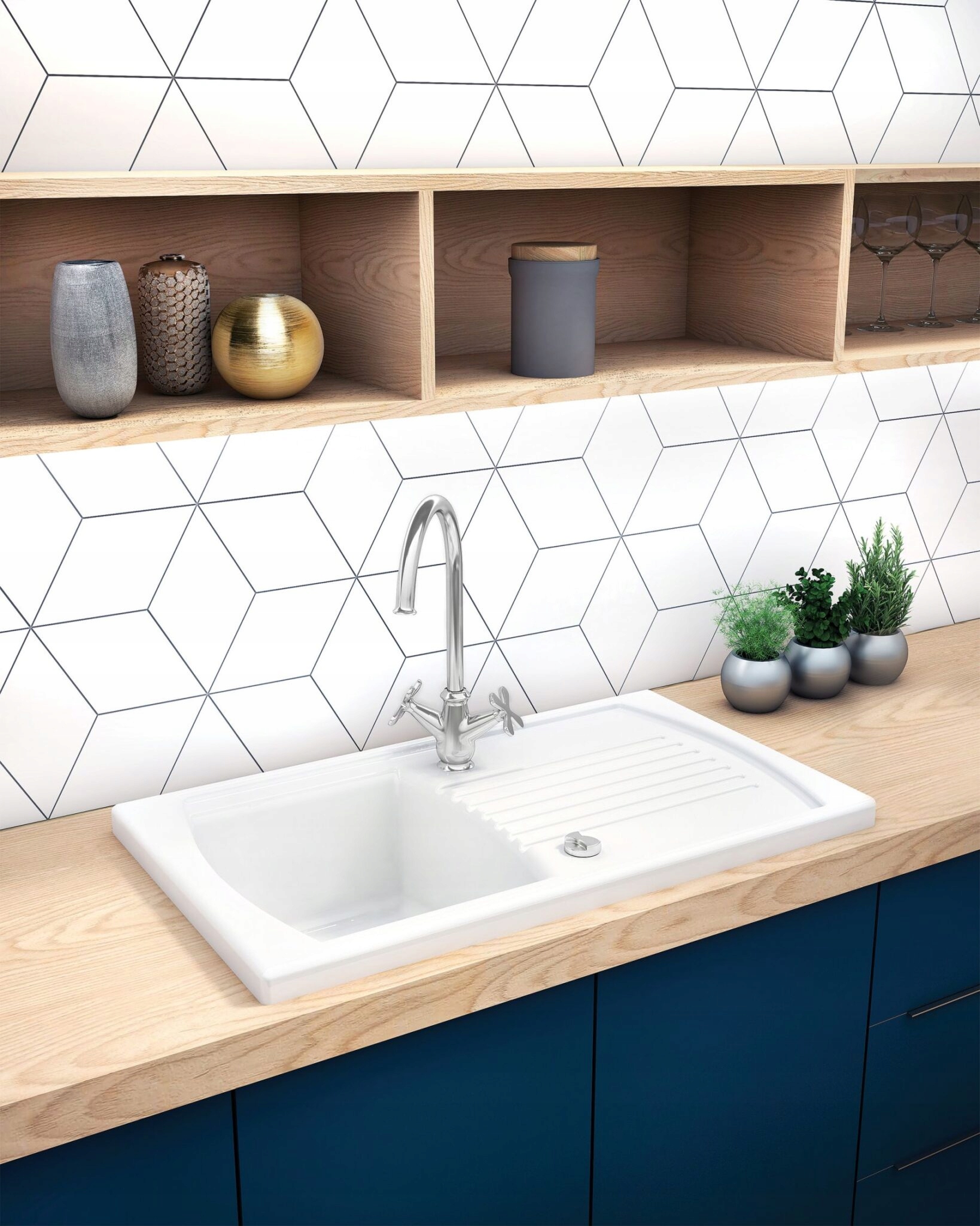 GLAZURA PŁYTKI BIAŁY ROMB DEKOR 24x14cm RHOMBUS ROMBUS WHITE MAT RISCO 3D Szerokość produktu 14 cm