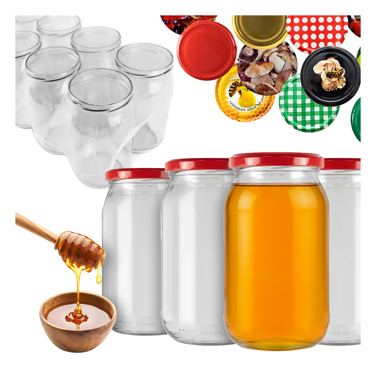 64 x Sklenička 815 ml na Med Džem Houby sklenice 0,815 L víčko fi 82