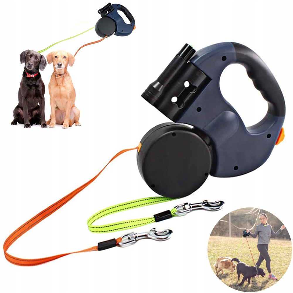 Levně 3M Led Automatické Dvojité Vodítko Pro 2 Psy S 360° Otočností