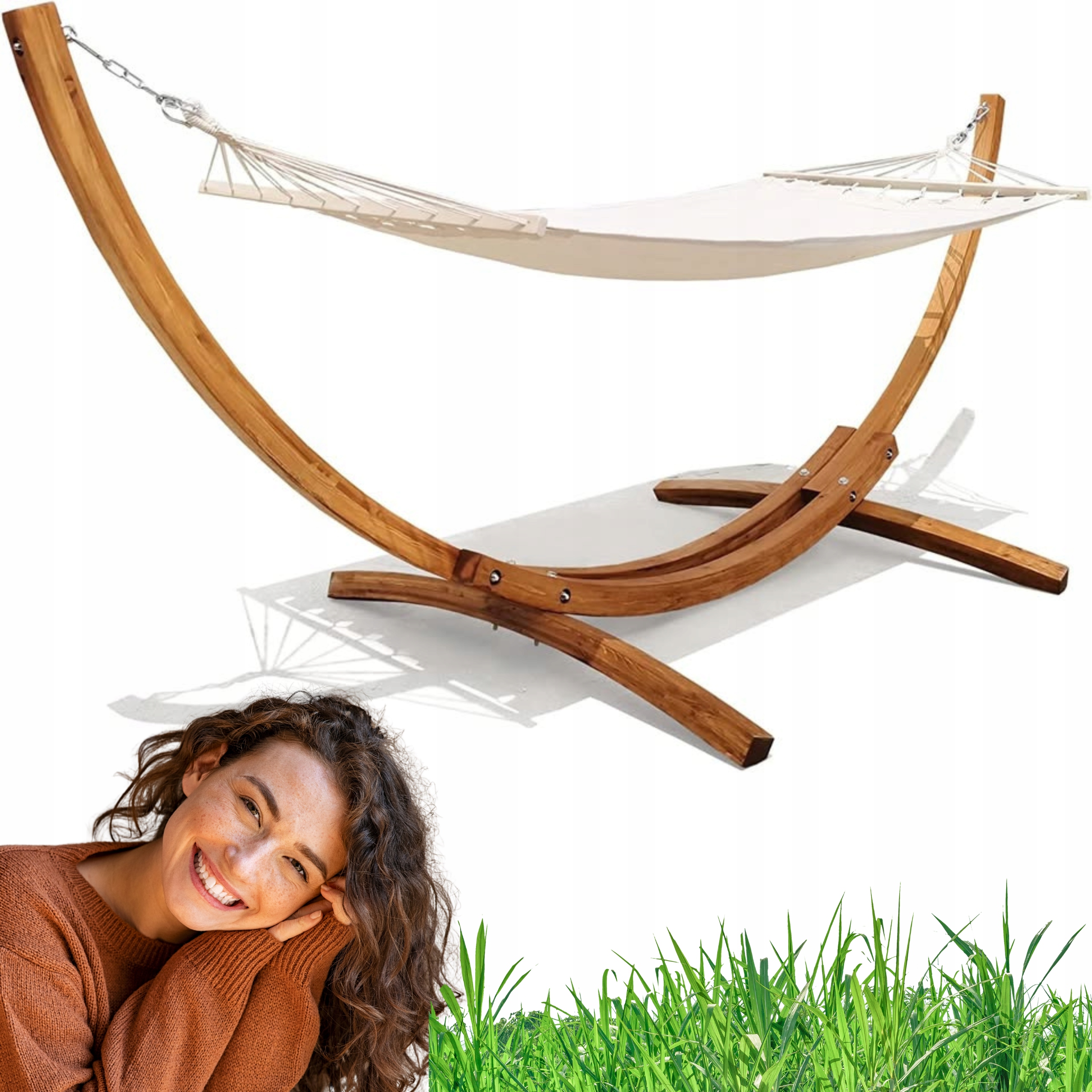 Hamak Ogrodowy Premium Ze Stelażem Drewnianym, 312X120 CM Beżowy