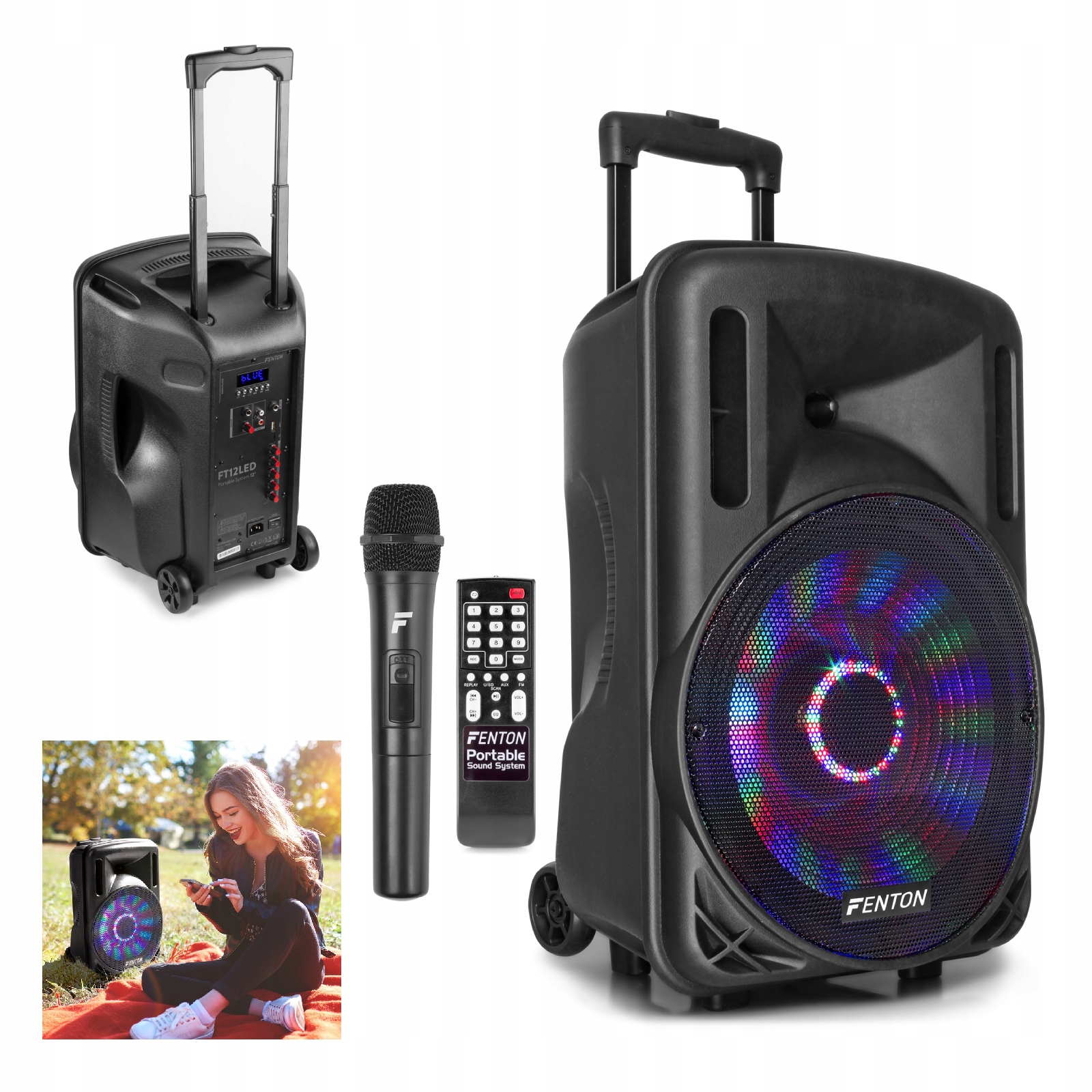 Mobilna KOLUMNA aktywna 12'' 700W mikrofon pilot akumulator