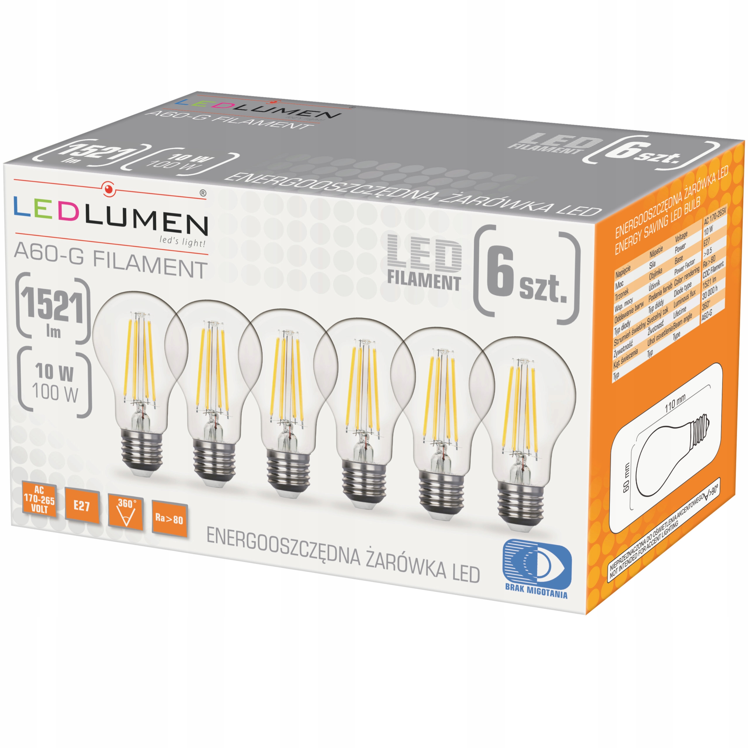 

Zestaw 6x Żarówka Led E27 10W=100W Filament 1521lm