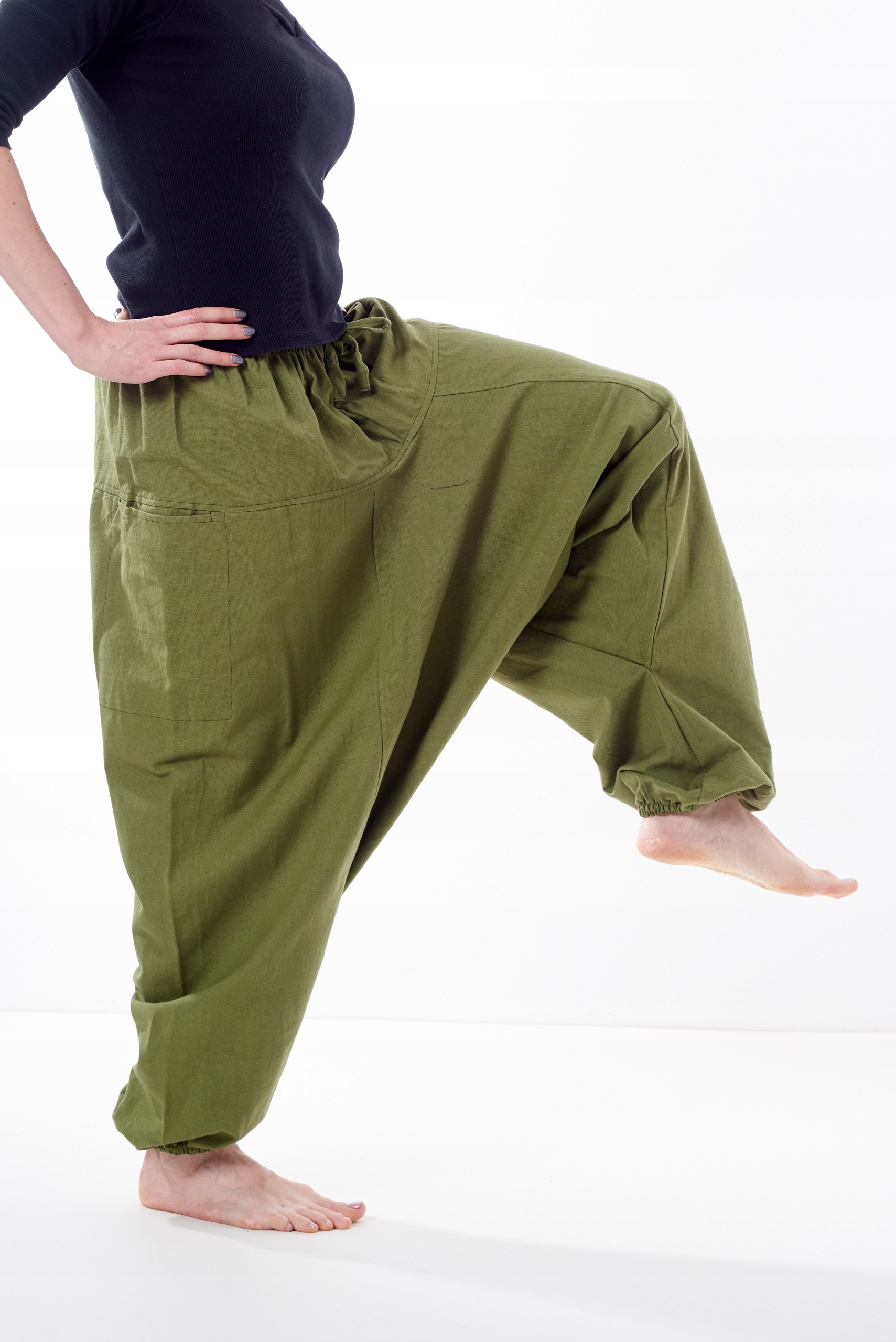 Šedé bavlněné unisex kalhoty Alladynki Pumpy Haremki khaki zelené