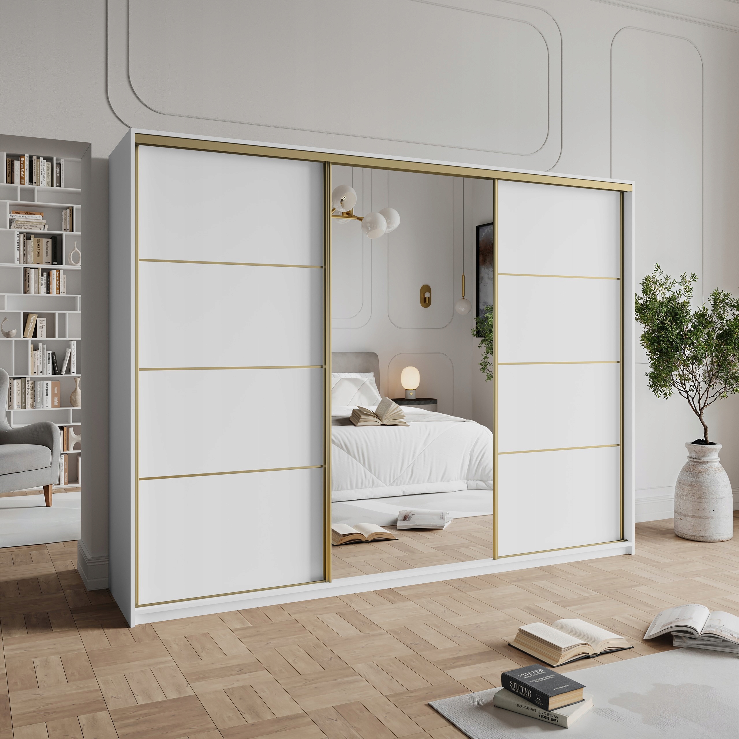 Skříň 250 cm Zrcadlo Zásuvky třídveřová bílá zlatá