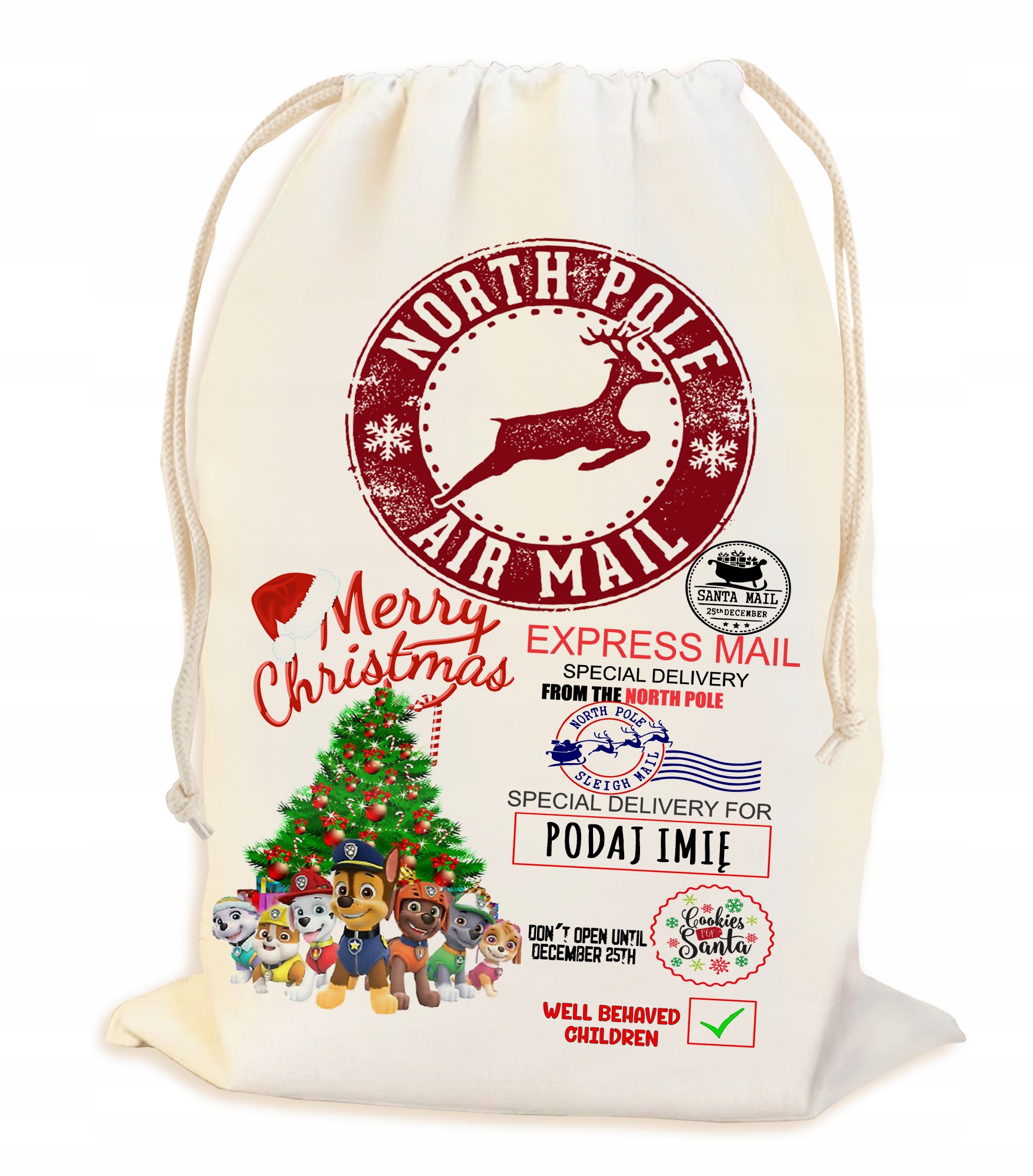 PEROSNALIZOWANY WOREK NA ŚWIĄTECZNY PREZENT POD CHOINKĘ Z IMIENIEM 23*34CM