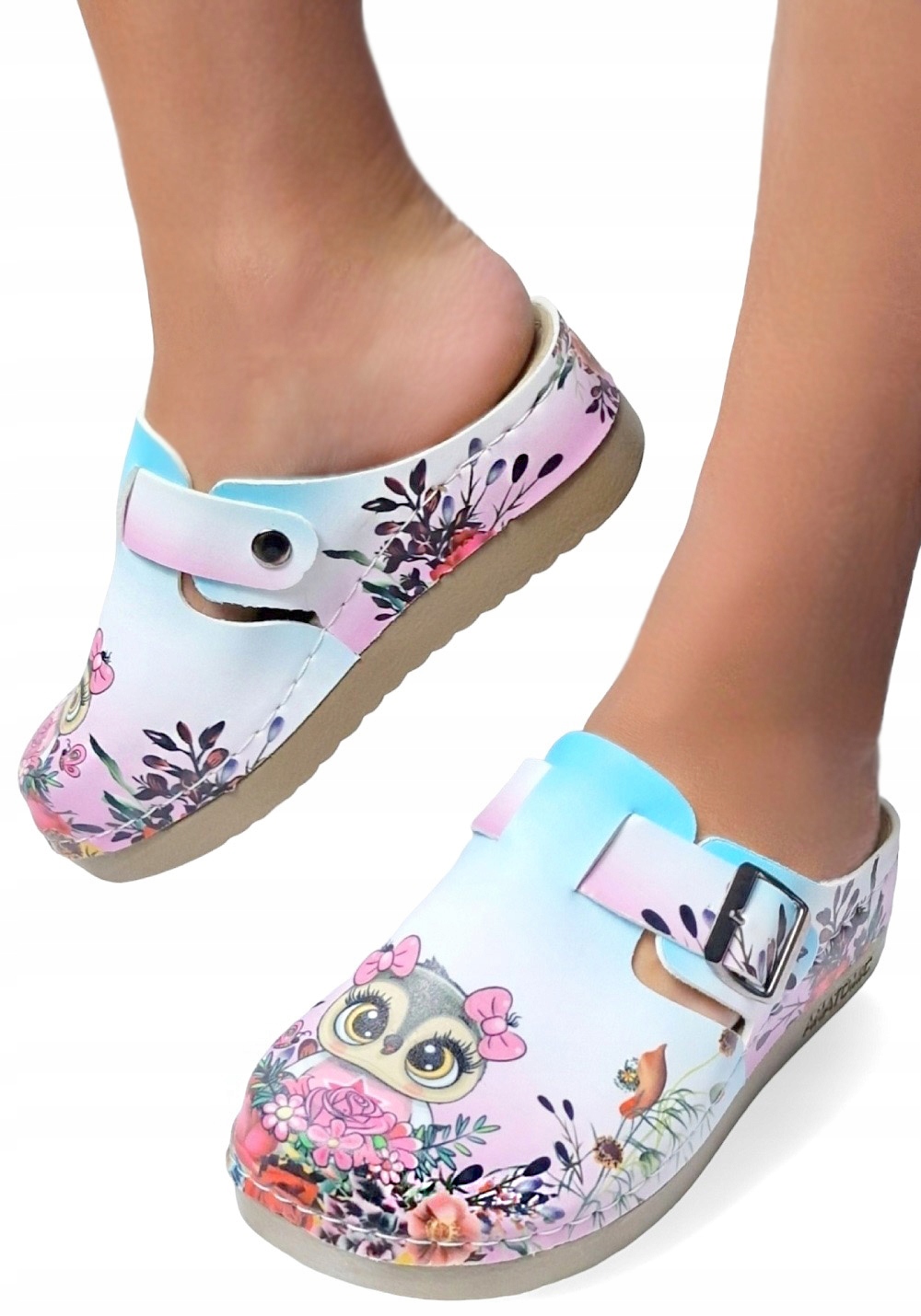 Damskie Klapki Medyczne Kolorowe Zakryte z Klamerką Cudna Sówka *38
