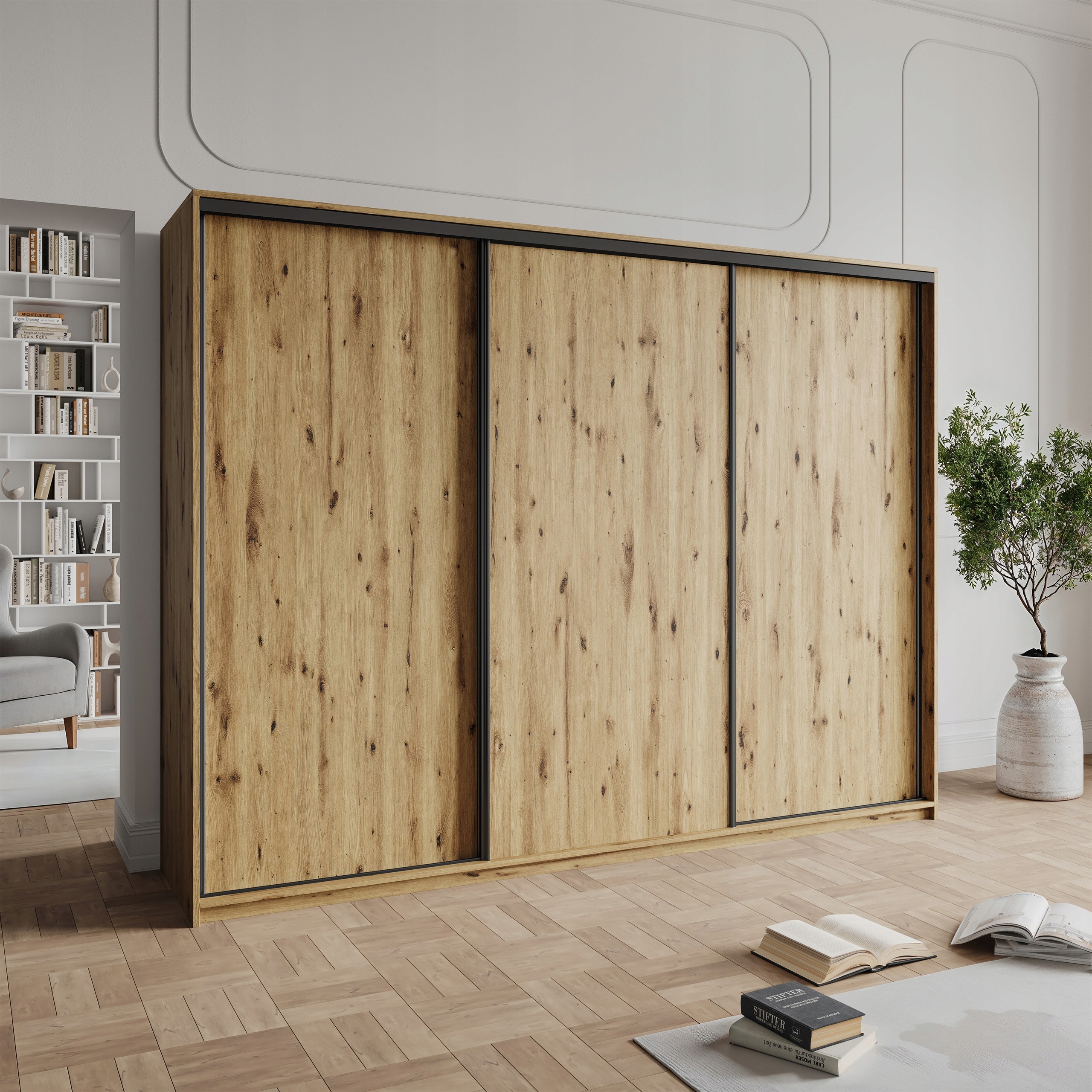 Skříň Třídveřová Nisse 270 cm Zásuvky Dub Artisan Černá