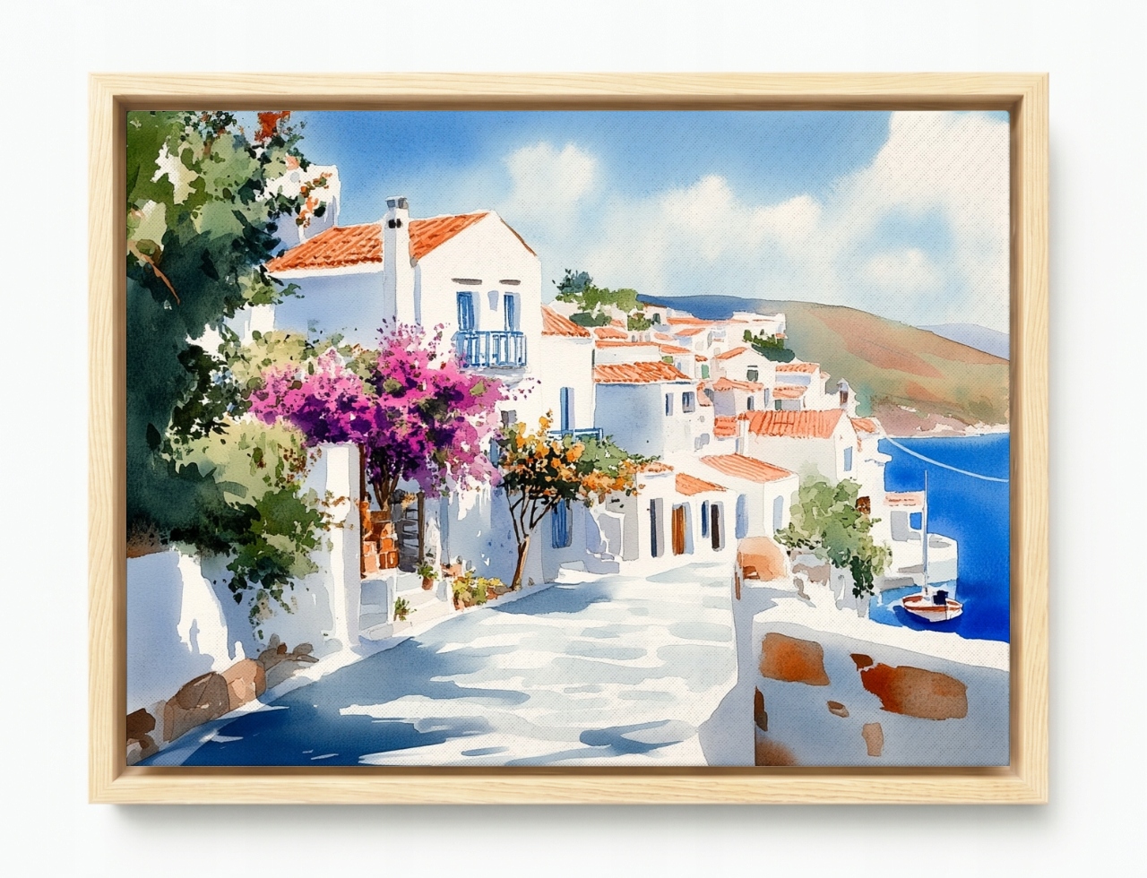 Obraz Rama American Box Řecko Ulička Santorini Moře Bugenwilla 80x60