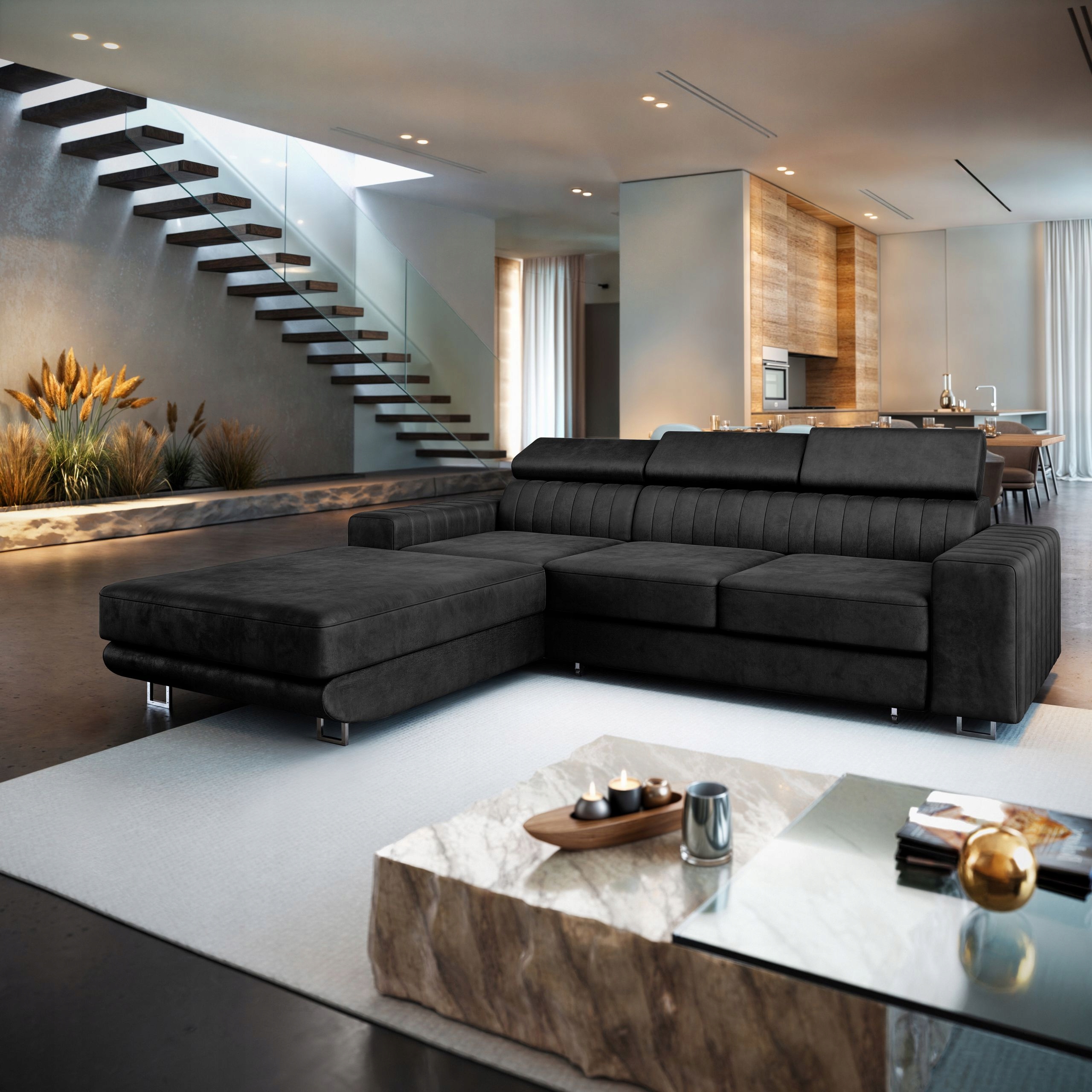 Rohová pohovka Noto rozkládací Modní Velur úložný box Funckja Spaní komfort