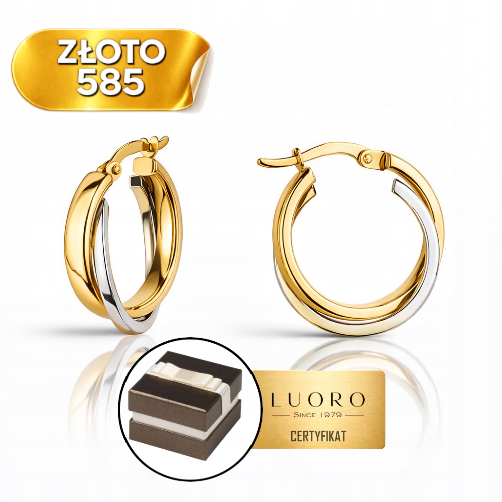 Náušnice Zlaté 585 14K Zlaté Kruhy Zdobené Bílým Zlatem 1,8 CM Dárek