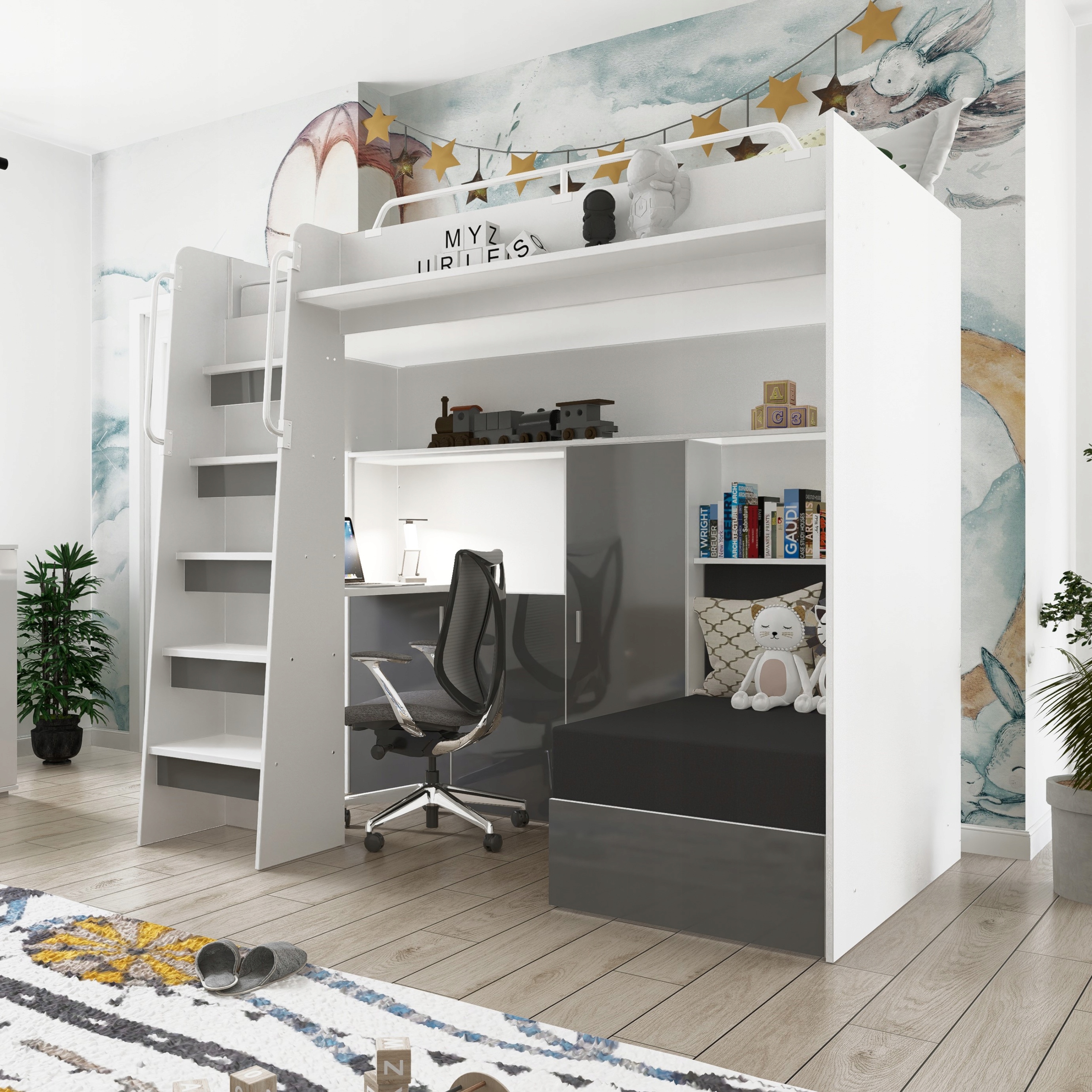 Łóżko piętrowe JSM7 z sofą i biurkiem fronty połysk grafit Wysokość mebla 185 cm