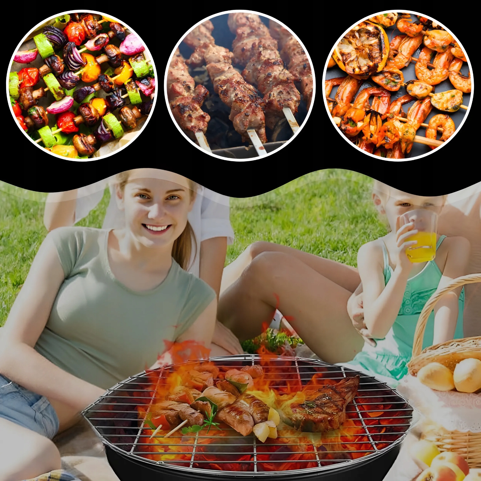 GRILL OGRODOWY WĘGLOWY STOJĄCY NA WĘGIEL 48cm NA KÓŁKACH PRZENOŚNY DO OGROD Materiał stal