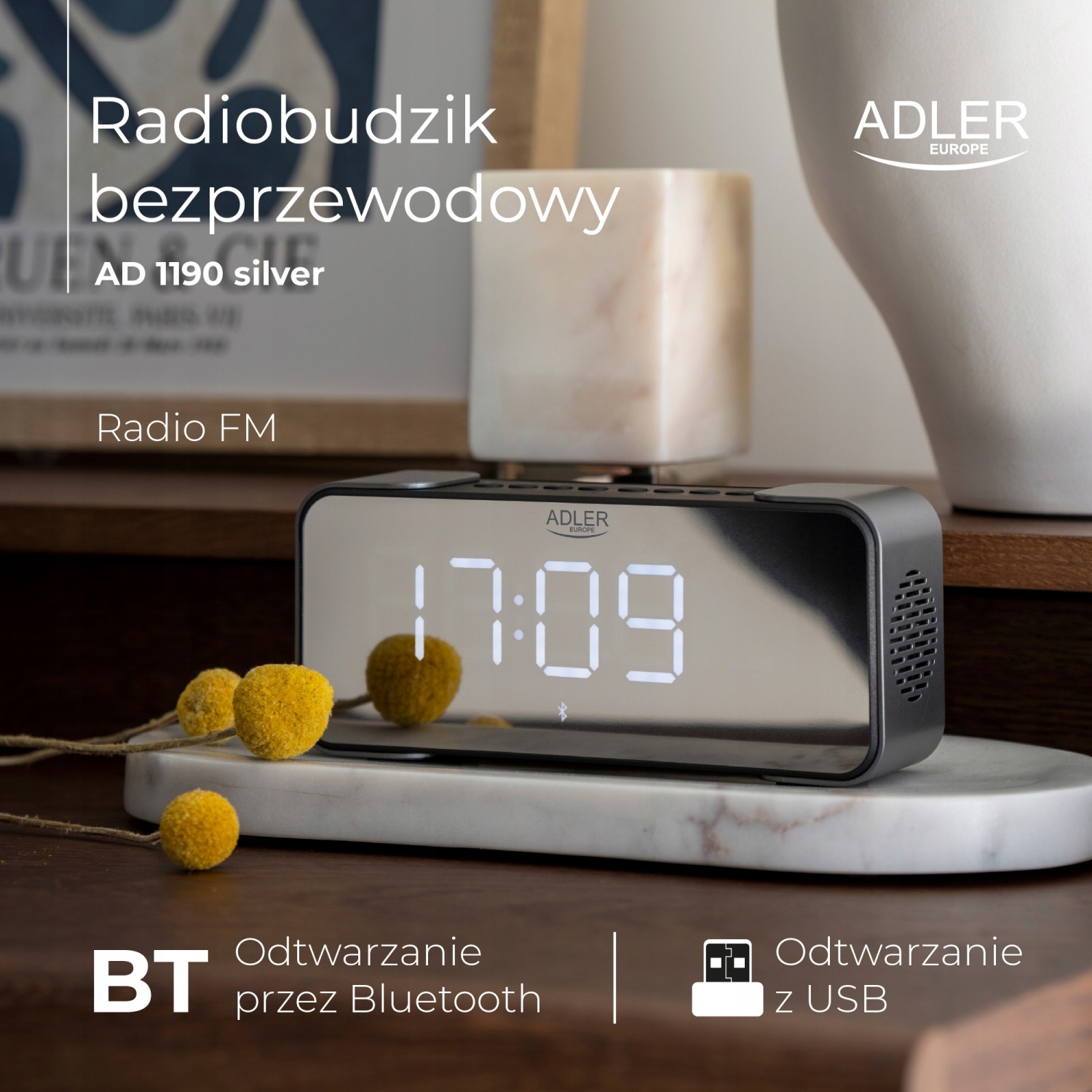 Radiobudzik AD 1190 Silver Bluetooth FM USB AUX SD Budzik LCD