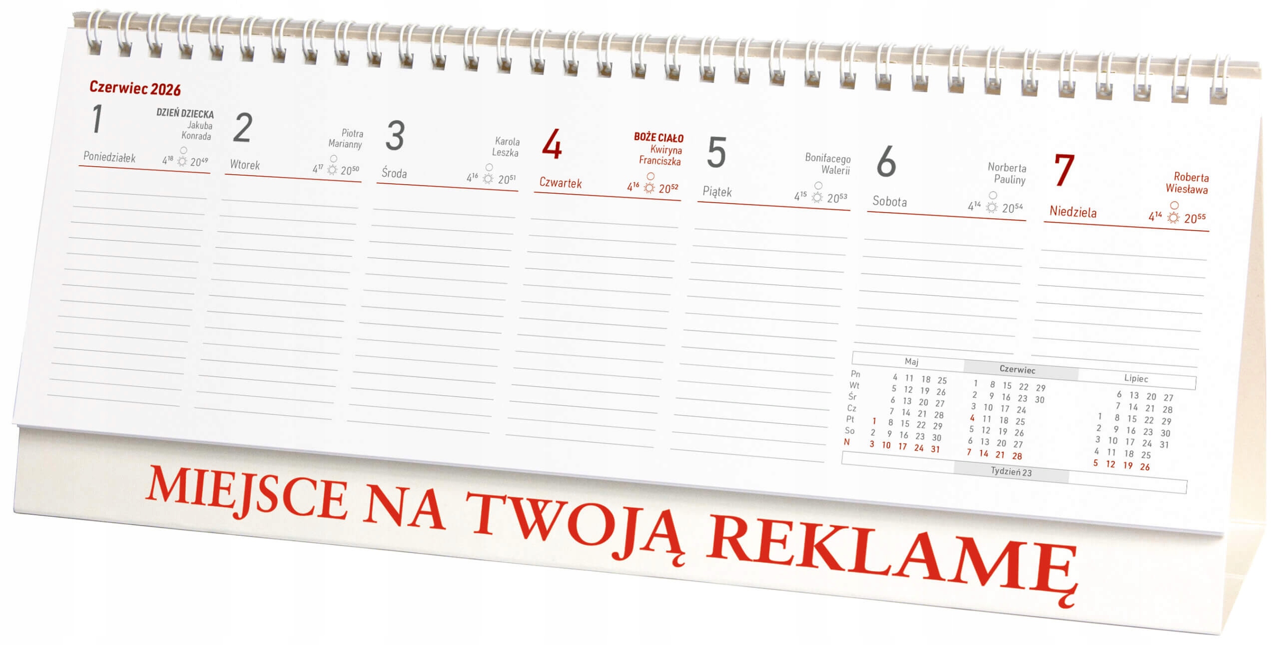 Kalendarz biurkowy poziomy stojący 2026 piramidka czytelny długie weekendy