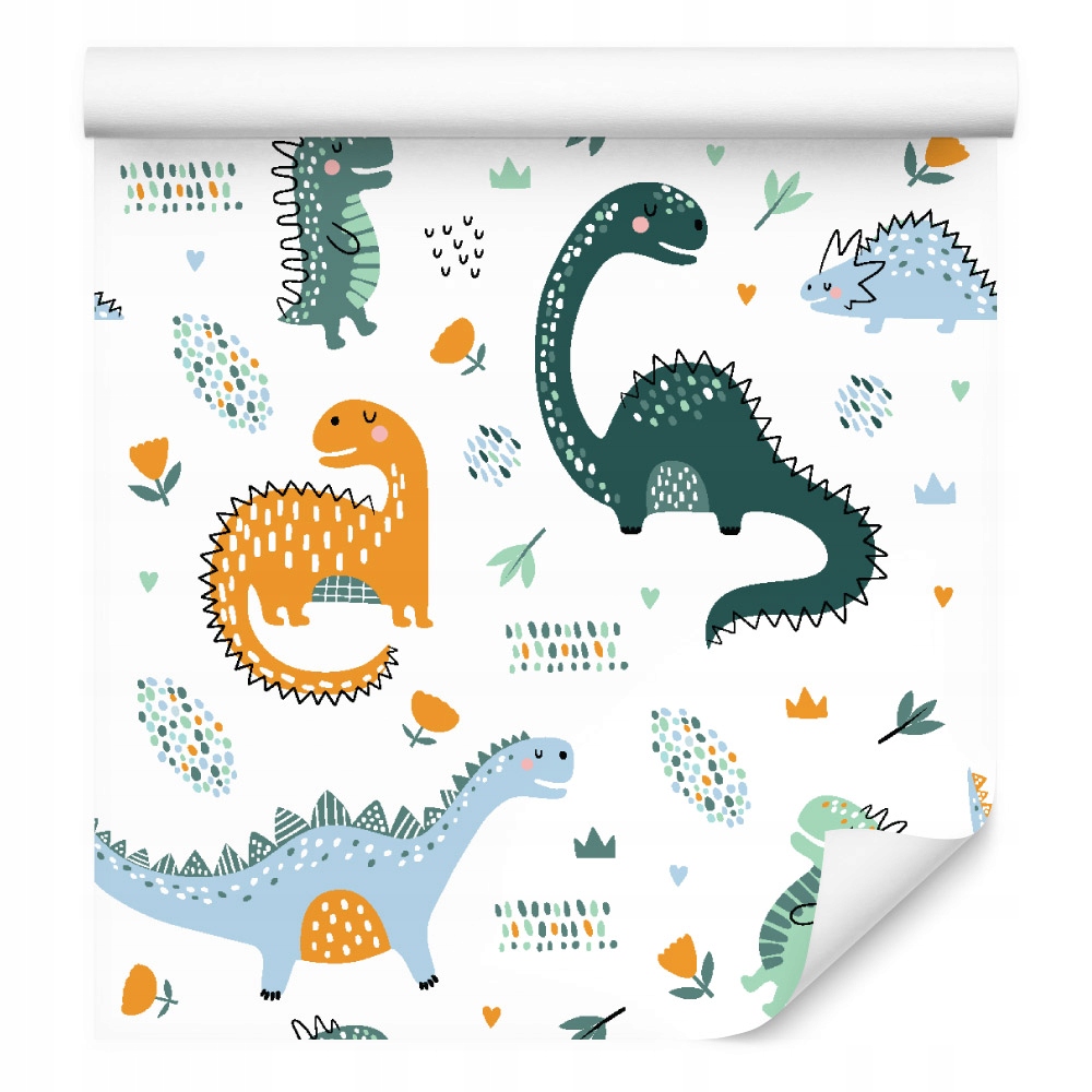 Tapeta do dětského pokoje s dinosaury, listy, květinami